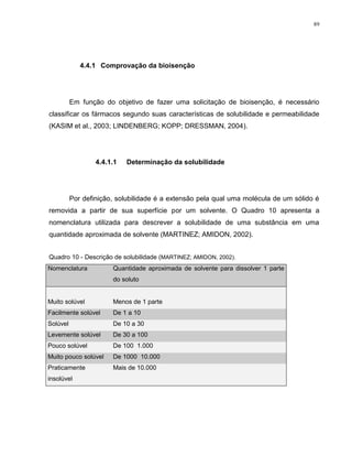 89
4.4.1 Comprovação da bioisenção
Em função do objetivo de fazer uma solicitação de bioisenção, é necessário
classificar os fármacos segundo suas características de solubilidade e permeabilidade
(KASIM et al., 2003; LINDENBERG; KOPP; DRESSMAN, 2004).
4.4.1.1 Determinação da solubilidade
Por definição, solubilidade é a extensão pela qual uma molécula de um sólido é
removida a partir de sua superfície por um solvente. O Quadro 10 apresenta a
nomenclatura utilizada para descrever a solubilidade de uma substância em uma
quantidade aproximada de solvente (MARTINEZ; AMIDON, 2002).
Quadro 10 - Descrição de solubilidade (MARTINEZ; AMIDON, 2002).
Nomenclatura Quantidade aproximada de solvente para dissolver 1 parte
do soluto
Muito solúvel Menos de 1 parte
Facilmente solúvel De 1 a 10
Solúvel De 10 a 30
Levemente solúvel De 30 a 100
Pouco solúvel De 100 1.000
Muito pouco solúvel De 1000 10.000
Praticamente
insolúvel
Mais de 10.000
 