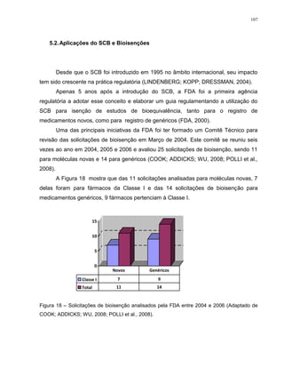 107
5.2.Aplicações do SCB e Bioisenções
Desde que o SCB foi introduzido em 1995 no âmbito internacional, seu impacto
tem sido crescente na prática regulatória (LINDENBERG; KOPP; DRESSMAN, 2004).
Apenas 5 anos após a introdução do SCB, a FDA foi a primeira agência
regulatória a adotar esse conceito e elaborar um guia regulamentando a utilização do
SCB para isenção de estudos de bioequivalência, tanto para o registro de
medicamentos novos, como para registro de genéricos (FDA, 2000).
Uma das principais iniciativas da FDA foi ter formado um Comitê Técnico para
revisão das solicitações de bioisenção em Março de 2004. Este comitê se reuniu seis
vezes ao ano em 2004, 2005 e 2006 e avaliou 25 solicitações de bioisenção, sendo 11
para moléculas novas e 14 para genéricos (COOK; ADDICKS; WU, 2008; POLLI et al.,
2008).
A Figura 18 mostra que das 11 solicitações analisadas para moléculas novas, 7
delas foram para fármacos da Classe I e das 14 solicitações de bioisenção para
medicamentos genéricos, 9 fármacos pertenciam à Classe I.
0
5
10
15
Classe I 7 9
Total 11 14
Novos Genéricos
Figura 18 – Solicitações de bioisenção analisados pela FDA entre 2004 e 2006 (Adaptado de
COOK; ADDICKS; WU, 2008; POLLI et al., 2008).
 