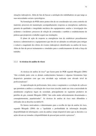 52
situações indesejáveis. Além do fato de buscar a satisfação dos trabalhadores no que tange as
suas necessidades sociais e psicológicas.
Na formulação do PGR outros pontos têm de ser considerados tais como controles de
materiais; processos de manutenção; acompanhamento; respostas as emergências; auditorias;
garantia da qualidade e integridade mecânica dos equipamentos; analise e investigação dos
acidentes e incidentes; processos de seleção de contratadas e também o estabelecimento de
práticas que propiciem o trabalho seguro nas instalações.
O plano de ação de resposta as emergências tem de estabelecer procedimentos
técnicos e administrativos e equipamentos que têm de ser adotados ou utilizados para mitigar
e reduzir a magnitude dos efeitos de eventos indesejáveis identificados na análise de riscos.
Além do fato de prever treinamentos e simulados para o condicionamento de toda a força de
trabalho.
2.2.2 As técnicas de análise de riscos
As técnicas de análise de risco10
que fazem parte do PGR segundo Morgado (2004)
“têm evoluído junto com os demais conhecimentos humanos e algumas ferramentas hoje
disponíveis permitem com que esta atividade seja realizada com elevado nível de
profissionalismo”.
A especialização de profissionais, bem como o surgimento e a evolução de software
que permitem a análise e a avaliação dos riscos tem crescido, tendo em vista a necessidade de
atendimento exigências legais da sociedade, principalmente no segmento produtivo de
petróleo de gás, contudo Morgado (2004) “não estão ainda suficientemente disseminadas e,
conseqüentemente, popularizadas”. As técnicas de analise de risco mais difundidas e
utilizadas são as descritas na tabela 01.
Os fatores motivadores e determinantes para a escolha do tipo da analise de risco,
segundo Morgado (2004) são a “qualidade e profundidade de informação desejada;
disponibilidade de informações; custo da análise; tempo disponível antes que as decisões e as
ações devam ser tomadas e disponibilidade de pessoal para assistir o processo”.
 