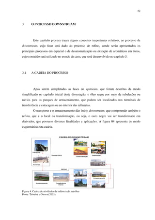 62
3 O PROCESSO DOWNSTREAM
Este capítulo procura trazer alguns conceitos importantes relativos, ao processo de
downstream, cujo foco será dado ao processo de refino, aonde serão apresentados os
principais processos em especial o de desaromatização ou extração de aromáticos em óleos,
cujo conteúdo será utilizado no estudo de caso, que será desenvolvido no capítulo 5.
3.1 A CADEIA DO PROCESSO
Após serem completadas as fases do upstream, que foram descritas de modo
simplificado no capítulo inicial desta dissertação, o óleo segue por meio de tubulações ou
navios para os parques de armazenamento, que podem ser localizados nos terminais de
transferência e estocagem ou no interior das refinarias.
O transporte e o armazenamento dão início downstream, que compreende também o
refino, que é o local da transformação, ou seja, o ouro negro vai ser transformado em
derivados, que possuem diversas finalidades e aplicações. A figura 04 apresenta de modo
esquemático esta cadeia.
Figura 4: Cadeia de atividades da indústria do petróleo
Fonte: Teixeira e Guerra (2003)
 