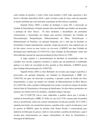 70
estão contidas no petróleo, e vindo a obter como produtos o GLP, nafta, querosene e óleo
diesel e o Resíduo Atmosférico, RAT, o qual é enviado à seção de vácuo, onde são separadas
as frações destiladas que serão utilizadas na produção de óleos básicos e parafinas.
Segundo Freitas (2003) o resíduo da destilação à vácuo, RV, é processado na
Unidade de Desasfaltação a Propano gerando óleos desasfaltados que também são destinados
à produção de óleos básicos. Os óleos destilados e desasfaltados são produzidos
continuamente e armazenados em tanques para posterior tratamento nas Unidades de
Desaromatização, Desparafinação, Hidroacabamento de Óleos, Desoleificação e
Hidrotratamento de Parafinas, em operação bloqueada, isto é, cada tipo de destilado ou
desasfaltado é tratado separadamente, seguindo, sempre que possível, uma seqüência que vai
do óleo menos viscoso ao mais viscoso, ou vice-versa. A REDUC tem duas Unidades de
Destilação para Lubrificantes (U-1510/1710) e duas Unidades de Desasfaltação, sendo uma
delas dedicada à geração de carga para produção de óleos básicos (U-1790).
A etapa seguinte é a desaromatização do destilado ou desasfaltado, onde são
extraídos com solvente compostos aromáticos e polares que são prejudiciais à estabilidade
química e ao índice de viscosidade do óleo, gerando os óleos Rafinado. A REDUC possui
duas Unidades Desaromatização (Us-1520/1720).
Segundo Freitas (2003) os óleos Rafinados são enviados para tanques específicos e
processados, em operação bloqueada, nas Unidades de Desparafinação a MIBC (Us-
1530/1730), nas quais são removidas às parafinas, e ajustado o ponto de fluidez dos óleos
desparafinados, os quais são tratados nas Unidades de Hidroacabamento de Óleos Básicos
(Us-1540/1740), onde o produto é hidrogenado e/ou secado e enviado aos tanques de produto
final do Setor de Transferência e Estocagem de lubrificantes. Os óleos básicos produzidos são
entregues aos clientes através de oleodutos, caminhões-tanque e barcaças.
Nas U-1530/1730, tem-se como subproduto a parafina oleosa que é enviada à
unidade de desoleificação a MIBC (U-1630); no caso da U-1730, somente parte da parafina
oleosa é desoleificada, sendo esta corrente normalmente enviada para gasóleo. Na U-1630, é
separada uma fração com característica pastosa, a parafina mole, a qual é enviada para o pool
de gasóleo da REDUC (parte da parafina mole Neutro Pesado é comercializada para
indústrias de fabricação de graxas), tendo-se como produto a parafina desoleificada, a qual é
enviada para armazenamento em tanques intermediários do Setor de Transferência e
Estocagem de lubrificantes.
 