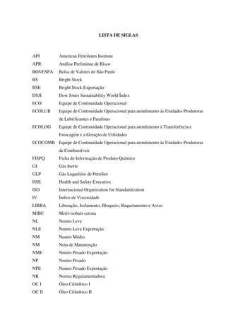 LISTA DE SIGLAS
API American Petroleum Institute
APR Análise Preliminar de Risco
BOVESPA Bolsa de Valores de São Paulo
BS Bright Stock
BSE Bright Stock Exportação
DSJI Dow Jones Sustainability World Índex
ECO Equipe de Continuidade Operacional
ECOLUB Equipe de Continuidade Operacional para atendimento às Unidades Produtoras
de Lubrificantes e Parafinas
ECOLOG Equipe de Continuidade Operacional para atendimento à Transferência e
Estocagem e a Geração de Utilidades
ECOCOMB Equipe de Continuidade Operacional para atendimento às Unidades Produtoras
de Combustíveis
FISPQ Ficha de Informação de Produto Químico
GI Gás Inerte
GLP Gás Liquefeito de Petróleo
HSE Health and Safety Executive
ISO Internacional Organization for Standardization
IV Índice de Viscosidade
LIBRA Liberação, Isolamento, Bloqueio, Raquetamento e Aviso
MIBC Metil-isobuti-cetona
NL Neutro Leve
NLE Neutro Leve Exportação
NM Neutro Médio
NM Nota de Manutenção
NME Neutro Pesado Exportação
NP Neutro Pesado
NPE Neutro Pesado Exportação
NR Norma Regulamentadora
OC I Óleo Cilindrico I
OC II Óleo Cilíndrico II
 