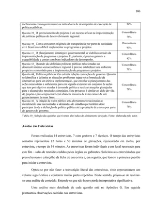 106



melhorando consequentemente os indicadores de desempenho de execução de                           82%
políticas públicas.
Questão 39_ O gerenciamento de projetos é um recurso eficaz na implementação                 Concordância
de políticas públicas de desenvolvimento regional.                                                76%

Questão 40_ Com a crescente exigência de transparência por parte da sociedade                 Discordância
civil ficará mais difícil implementar os programas e projetos.                                    93%

Questão 41_ O planejamento estratégico governamental se viabiliza através da                 Concordância
implementação de programas e projetos. E, portanto, é preciso garantir a
exequibilidade e contar com bons indicadores de desempenho.                                       82%

Questão 43_ Quando são definidas políticas públicas relacionadas ao                          Concordância
desenvolvimento socioeconômico regional é preciso estabelecer um ambiente
propício e controlado para a implementação de programas e projetos.                               71%
Questão 44_ Políticas públicas têm estreita relação com ações de governo. Quando
se identifica e delimita as situações problemas segue-se a formulação de
alternativas para um efetiva implementação, que envolve o planejamento das
ações necessárias e suficientes para em seguida executar um conjunto de ações                Concordância
que tem por objetivo atender à demanda política e realizar atuações planejadas
                                                                                                  78%
para o alcance dos resultados almejados. Este processo é similar ao ciclo de vida
do projeto e para empreender com chances maiores de êxito carece de um
gerenciamento de suas fases.
Questão 46_ A criação de valor público está diretamente relacionado ao
                                                                                             Concordância
atendimento das necessidades e demandas do cidadão que também deve
participar desde a definição da política pública até a prestação de contas por parte              76%
do gestor e do governo.
Tabela 10_ Seleção das questões que tiveram alto índice de alinhamento desejado. Fonte: elaborada pelo autor.



Análise das Entrevistas


        Foram realizadas 14 entrevistas, 7 com gestores e 7 técnicos. O tempo das entrevistas
somadas representou 12 horas e 50 minutos de gravações, equivalendo em média, por
entrevista, o tempo de 54 minutos. As entrevistas foram individuais e em local reservado para
este fim – salas de reuniões cedidas pelos órgãos ou gabinetes. Solicitou aos entrevistados que
preenchessem o cabeçalho da ficha de entrevista e, em seguida, que lessem a primeira questão
para iniciar a entrevista.

        Optou-se por não fazer a transcrição literal das entrevistas, visto representarem um
volume significativo e conterem muitas partes repetidas. Neste sentido, privou-se de realizar-
se uma análise de conteúdo. Entende-se que não houve perda interpretativa significativa.

        Uma análise mais detalhada de cada questão está no Apêndice G. Em seguida
pontuamos observações colhidas nas entrevistas.
 