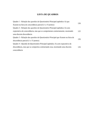 LISTA DE QUADROS


Quadro 1 - Relação das questões do Questionário Principal (apêndice A) que
                                                                                    150
ficaram na faixa de concordância parcial (1 a 15 pontos)
Quadro 2 - Relação das questões do Questionário Principal (apêndice A) com
expectativa de concordância, mas que se comportaram contrariamente, mostrando       155
uma discreta discordância
Quadro 3 - Relação das questões do Questionário Principal que ficaram na faixa de
                                                                                    158
discordância parcial (1 a 15 pontos)
Quadro 4 - Questão do Questionário Principal (apêndice A) com expectativa de
discordância, mas que se comportou contrariando essa, mostrando uma discreta        159
concordância
 