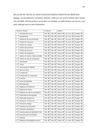 142



RELAÇÃO DE TÉCNICAS APLICÁVEIS EM GERENCIAMENTO DE PROJETOS
Técnica: um procedimento sistemático definido, usado por um recurso humano para realizar
uma atividade a fim de produzir um produto ou resultado, ou ainda fornecer um serviço e que
pode empregar uma ou mais ferramentas.


   Nome da Técnica                            Conhece?           Aplica?
   1    Aceitação dos riscos                  Sim       Não    Nunca    Às vezes    Sempre 
   2    Agrupamento                           Sim       Não    Nunca    Às vezes    Sempre 
   3    Análise da Árvore de Decisão          Sim       Não    Nunca    Às vezes    Sempre 
   4    Análise da Causa-raiz                 Sim       Não    Nunca    Às vezes    Sempre 
   5    Análise da variação                   Sim       Não    Nunca    Às vezes    Sempre 
   6    Análise das premissas                 Sim       Não    Nunca    Às vezes    Sempre 
   7    Análise das reservas                  Sim       Não    Nunca    Às vezes    Sempre 
   8    Análise das tendências                Sim       Não    Nunca    Às vezes    Sempre 
   9    Análise de modos e efeitos de falha   Sim       Não    Nunca    Às vezes    Sempre 
   10   Análise de rede do cronograma         Sim       Não    Nunca    Às vezes    Sempre 
   11   Antecipação                           Sim       Não    Nunca    Às vezes    Sempre 
   12   Atraso                                Sim       Não    Nunca    Às vezes    Sempre 
   13   Autorização do trabalho               Sim       Não    Nunca    Às vezes    Sempre 
   14   Brainstorming                         Sim       Não    Nunca    Às vezes    Sempre 
   15   Compressão                            Sim       Não    Nunca    Às vezes    Sempre 
   16   Compressão do cronograma              Sim       Não    Nunca    Às vezes    Sempre 
   17   Controle                              Sim       Não    Nunca    Às vezes    Sempre 
   18   Custo da Qualidade                    Sim       Não    Nunca    Às vezes    Sempre 
   19   Decomposição                          Sim       Não    Nunca    Às vezes    Sempre 
   20   Diagrama de Influência                Sim       Não    Nunca    Às vezes    Sempre 
   21   Diagrama de Pareto                    Sim       Não    Nunca    Às vezes    Sempre 
   22   Diagrama de rede do cronograma        Sim       Não    Nunca    Às vezes    Sempre 
   23   Elaboração de fluxogramas             Sim       Não    Nunca    Às vezes    Sempre 
   24   Elaboração progressiva                Sim       Não    Nunca    Às vezes    Sempre 
   25   Estimativa “bottom-up”                Sim       Não    Nunca    Às vezes    Sempre 
   26   Estimativa análoga                    Sim       Não    Nunca    Às vezes    Sempre 
   27   Estimativa de três pontos             Sim       Não    Nunca    Às vezes    Sempre 
   28   Estimativa paramétrica                Sim       Não    Nunca    Às vezes    Sempre 
   29   Gerenciamento da Qualidade Total      Sim       Não    Nunca    Às vezes    Sempre 
   30   Gerenciamento de Portfólio            Sim       Não    Nunca    Às vezes    Sempre 
   31   Inspeção                              Sim       Não    Nunca    Às vezes    Sempre 
   32   Medição de desempenho técnico         Sim       Não    Nunca    Às vezes    Sempre 
 