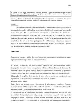 159



 Questão 21: Na nossa organização o processo decisório é muito centralizado, poucas pessoas
participam, opinam e definem os programas e projetos a serem adotados para o alcance dos objetivos
estratégicos do planejamento organizacional.

Quadro 4_ Questão do Questionário Principal (apêndice A) com expectativa de discordância, mas que se
comportou contrariando essa, mostrando uma discreta concordância. Fonte: elaborado pelo autor.


Questão 21
       Esta questão está situada entre as relacionadas à gestão para resultados e diz respeito à
participação interna dos colaboradores nos processos decisórios. O somatório das respostas de
todos ficou em 18% de concordância, contrariando a expectativa de falseamento.
Separadamente os resultados foram: EGP MG (27%), EGP ES (7%) e EGP RJ (20%). Apesar
da concordância discreta (concordo parcialmente < 33%). Talvez caiba uma pesquisa mais
aprofundada das razões da baixa participação dos colaboradores, relacionando inclusive
aspectos da cultura organizacional e ambiente institucional. Makón (2008) relaciona a questão
das decisões descentralizadas como um dos requisitos à GpR.


APÊNDICE G


Relaciona-se a seguir a análise das entrevistas, sendo que os trechos colocados entre aspas
representam a transcrição literal da fala do entrevistado.


1ª Pergunta    O Governo vem implementando mudanças que visam proporcionar melhor
desempenho dos meios para a consecução de políticas públicas alinhadas às demandas da
sociedade. Qual sua opinião sobre o papel dos planejamentos estratégico, o plurianual
(estratégico/tático) e o operacional (projetos) para o alcance dos objetivos e metas da gestão?
Observação: O propósito desta questão é saber sobre a prática do planejamento nas
organizações e a possível relação deste com os resultados do governo.
Respostas, falas e análise:
Parece haver um consenso sobre a importância do planejamento estratégico. Algumas
expressões foram enfatizadas pelos entrevistados: “é o norte”, “é a base de tudo”, “é o que dá
a visão de futuro”, “é fundamental para organizar ações futuras”, etc.
A compreensão que o planejamento estratégico enquanto instrumento também está bem
consolidado. Dentre os trechos das entrevistas que mais realçam este papel, estão: o plano de
longo prazo facilita a delimitação de áreas a serem trabalhadas com mais intensidade em
períodos plurianuais. O PPA é composto de programas que buscam suprir tais necessidades.
 
