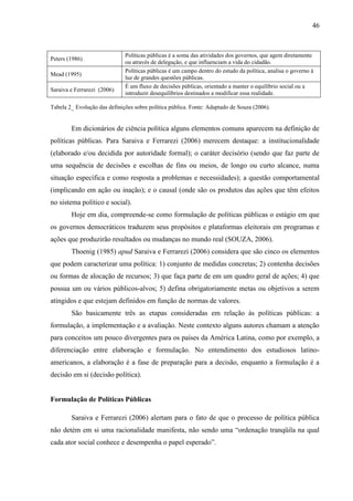 46



                              Políticas públicas é a soma das atividades dos governos, que agem diretamente
Peters (1986)
                              ou através de delegação, e que influenciam a vida do cidadão.
                              Políticas públicas é um campo dentro do estudo da política, analisa o governo à
Mead (1995)
                              luz de grandes questões públicas.
                              É um fluxo de decisões públicas, orientado a manter o equilíbrio social ou a
Saraiva e Ferrarezi (2006)
                              introduzir desequilíbrios destinados a modificar essa realidade.

Tabela 2_ Evolução das definições sobre política pública. Fonte: Adaptado de Souza (2006).


        Em dicionários de ciência política alguns elementos comuns aparecem na definição de
políticas públicas. Para Saraiva e Ferrarezi (2006) merecem destaque: a institucionalidade
(elaborado e/ou decidida por autoridade formal); o caráter decisório (sendo que faz parte de
uma sequência de decisões e escolhas de fins ou meios, de longo ou curto alcance, numa
situação específica e como resposta a problemas e necessidades); a questão comportamental
(implicando em ação ou inação); e o causal (onde são os produtos das ações que têm efeitos
no sistema político e social).
        Hoje em dia, compreende-se como formulação de políticas públicas o estágio em que
os governos democráticos traduzem seus propósitos e plataformas eleitorais em programas e
ações que produzirão resultados ou mudanças no mundo real (SOUZA, 2006).
        Thoenig (1985) apud Saraiva e Ferrarezi (2006) considera que são cinco os elementos
que podem caracterizar uma política: 1) conjunto de medidas concretas; 2) contenha decisões
ou formas de alocação de recursos; 3) que faça parte de em um quadro geral de ações; 4) que
possua um ou vários públicos-alvos; 5) defina obrigatoriamente metas ou objetivos a serem
atingidos e que estejam definidos em função de normas de valores.
        São basicamente três as etapas consideradas em relação às políticas públicas: a
formulação, a implementação e a avaliação. Neste contexto alguns autores chamam a atenção
para conceitos um pouco divergentes para os países da América Latina, como por exemplo, a
diferenciação entre elaboração e formulação. No entendimento dos estudiosos latino-
americanos, a elaboração é a fase de preparação para a decisão, enquanto a formulação é a
decisão em si (decisão política).


Formulação de Políticas Públicas

        Saraiva e Ferrarezi (2006) alertam para o fato de que o processo de política pública
não detém em si uma racionalidade manifesta, não sendo uma “ordenação tranqüila na qual
cada ator social conhece e desempenha o papel esperado”.
 
