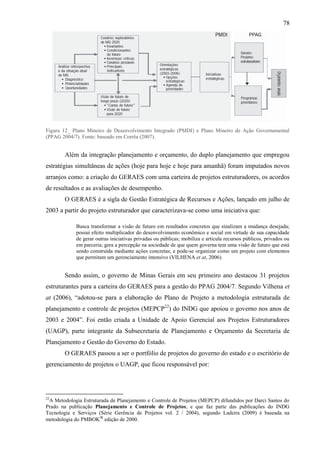 78




Figura 12_ Plano Mineiro de Desenvolvimento Integrado (PMDI) e Plano Mineiro de Ação Governamental
(PPAG 2004/7). Fonte: baseado em Corrêa (2007).


        Além da integração planejamento e orçamento, do duplo planejamento que empregou
estratégias simultâneas de ações (hoje para hoje e hoje para amanhã) foram imputados novos
arranjos como: a criação do GERAES com uma carteira de projetos estruturadores, os acordos
de resultados e as avaliações de desempenho.
        O GERAES é a sigla de Gestão Estratégica de Recursos e Ações, lançado em julho de
2003 a partir do projeto estruturador que caracterizava-se como uma iniciativa que:

            Busca transformar a visão de futuro em resultados concretos que sinalizam a mudança desejada;
            possui efeito multiplicador do desenvolvimento econômico e social em virtude de sua capacidade
            de gerar outras iniciativas privadas ou públicas; mobiliza e articula recursos públicos, privados ou
            em parceria; gera a percepção na sociedade de que quem governa tem uma visão de futuro que está
            sendo construída mediante ações concretas; e pode-se organizar como um projeto com elementos
            que permitam um gerenciamento intensivo (VILHENA et at, 2006).


        Sendo assim, o governo de Minas Gerais em seu primeiro ano destacou 31 projetos
estruturantes para a carteira do GERAES para a gestão do PPAG 2004/7. Segundo Vilhena et
at (2006), “adotou-se para a elaboração do Plano de Projeto a metodologia estruturada de
planejamento e controle de projetos (MEPCP22) do INDG que apoiou o governo nos anos de
2003 e 2004”. Foi então criada a Unidade de Apoio Gerencial aos Projetos Estruturadores
(UAGP), parte integrante da Subsecretaria de Planejamento e Orçamento da Secretaria de
Planejamento e Gestão do Governo do Estado.
        O GERAES passou a ser o portfólio de projetos do governo do estado e o escritório de
gerenciamento de projetos o UAGP, que ficou responsável por:




22
 A Metodologia Estruturada de Planejamento e Controle de Projetos (MEPCP) difundidos por Darci Santos do
Prado na publicação Planejamento e Controle de Projetos, e que faz parte das publicações do INDG
Tecnologia e Serviços (Série Gerência de Projetos vol. 2 / 2004), segundo Ladeira (2009) é baseada na
metodologia do PMBOK® edição de 2000.
 