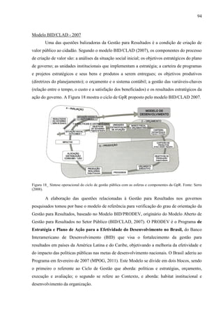 94



Modelo BID/CLAD - 2007
        Uma das questões balizadoras da Gestão para Resultados é a condição de criação de
valor público ao cidadão. Segundo o modelo BID/CLAD (2007), os componentes do processo
de criação de valor são: a análises da situação social inicial; os objetivos estratégicos do plano
de governo; as unidades institucionais que implementam a estratégia; a carteira de programas
e projetos estratégicos e seus bens e produtos a serem entregues; os objetivos produtivos
(diretrizes do planejamento); o orçamento e o sistema contábil; a gestão das variáveis-chaves
(relação entre o tempo, o custo e a satisfação dos beneficiados) e os resultados estratégicos da
ação do governo. A Figura 18 mostra o ciclo de GpR proposto pelo modelo BID/CLAD 2007.




Figura 18_ Síntese operacional do ciclo de gestão pública com as esferas e componentes da GpR. Fonte: Serra
(2008).

        A elaboração das questões relacionadas à Gestão para Resultados nos governos
pesquisados tomou por base o modelo de referência para verificação do grau de orientação da
Gestão para Resultados, baseado no Modelo BID/PRODEV, originário do Modelo Aberto de
Gestão para Resultados no Setor Público (BID/CLAD, 2007). O PRODEV é o Programa de
Estratégia e Plano de Ação para a Efetividade do Desenvolvimento no Brasil, do Banco
Interamericano de Desenvolvimento (BID) que visa o fortalecimento da gestão para
resultados em países da América Latina e do Caribe, objetivando a melhoria da efetividade e
do impacto das políticas públicas nas metas de desenvolvimento nacionais. O Brasil aderiu ao
Programa em fevereiro de 2007 (MPOG, 2011). Este Modelo se divide em dois blocos, sendo
o primeiro o referente ao Ciclo de Gestão que aborda: políticas e estratégias, orçamento,
execução e avaliação; o segundo se refere ao Contexto, e aborda: habitat institucional e
desenvolvimento da organização.
 