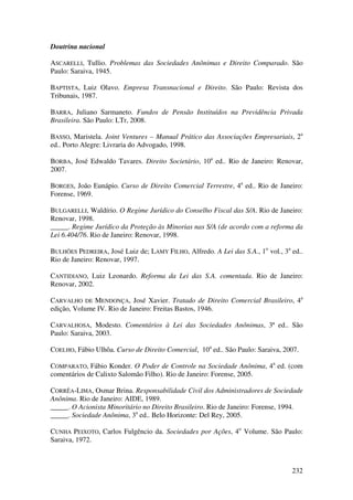 232
Doutrina nacional
ASCARELLI, Tullio. Problemas das Sociedades Anônimas e Direito Comparado. São
Paulo: Saraiva, 1945.
BAPTISTA, Luiz Olavo. Empresa Transnacional e Direito. São Paulo: Revista dos
Tribunais, 1987.
BARRA, Juliano Sarmaneto. Fundos de Pensão Instituídos na Previdência Privada
Brasileira. São Paulo: LTr, 2008.
BASSO, Maristela. Joint Ventures – Manual Prático das Associações Empresariais, 2a
ed.. Porto Alegre: Livraria do Advogado, 1998.
BORBA, José Edwaldo Tavares. Direito Societário, 10a
ed.. Rio de Janeiro: Renovar,
2007.
BORGES, João Eunápio. Curso de Direito Comercial Terrestre, 4a
ed.. Rio de Janeiro:
Forense, 1969.
BULGARELLI, Waldírio. O Regime Jurídico do Conselho Fiscal das S/A. Rio de Janeiro:
Renovar, 1998.
_____. Regime Jurídico da Proteção às Minorias nas S/A (de acordo com a reforma da
Lei 6.404/76. Rio de Janeiro: Renovar, 1998.
BULHÕES PEDREIRA, José Luiz de; LAMY FILHO, Alfredo. A Lei das S.A., 1o
vol., 3a
ed..
Rio de Janeiro: Renovar, 1997.
CANTIDIANO, Luiz Leonardo. Reforma da Lei das S.A. comentada. Rio de Janeiro:
Renovar, 2002.
CARVALHO DE MENDONÇA, José Xavier. Tratado de Direito Comercial Brasileiro, 4a
edição, Volume IV. Rio de Janeiro: Freitas Bastos, 1946.
CARVALHOSA, Modesto. Comentários à Lei das Sociedades Anônimas, 3ª ed.. São
Paulo: Saraiva, 2003.
COELHO, Fábio Ulhôa. Curso de Direito Comercial, 10a
ed.. São Paulo: Saraiva, 2007.
COMPARATO, Fábio Konder. O Poder de Controle na Sociedade Anônima, 4a
ed. (com
comentários de Calixto Salomão Filho). Rio de Janeiro: Forense, 2005.
CORRÊA-LIMA, Osmar Brina. Responsabilidade Civil dos Administradores de Sociedade
Anônima. Rio de Janeiro: AIDE, 1989.
_____. O Acionista Minoritário no Direito Brasileiro. Rio de Janeiro: Forense, 1994.
_____. Sociedade Anônima, 3a
ed.. Belo Horizonte: Del Rey, 2005.
CUNHA PEIXOTO, Carlos Fulgêncio da. Sociedades por Ações, 4o
Volume. São Paulo:
Saraiva, 1972.
 