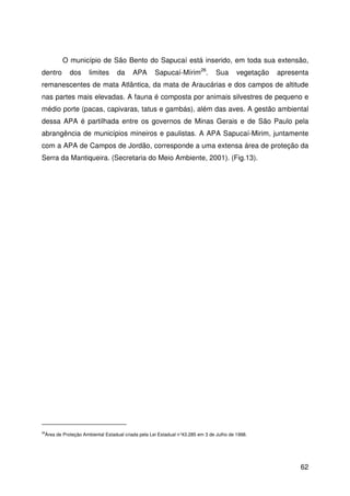 62
O município de São Bento do Sapucaí está inserido, em toda sua extensão,
dentro dos limites da APA Sapucaí-Mírim26
. Sua vegetação apresenta
remanescentes de mata Atlântica, da mata de Araucárias e dos campos de altitude
nas partes mais elevadas. A fauna é composta por animais silvestres de pequeno e
médio porte (pacas, capivaras, tatus e gambás), além das aves. A gestão ambiental
dessa APA é partilhada entre os governos de Minas Gerais e de São Paulo pela
abrangência de municípios mineiros e paulistas. A APA Sapucaí-Mirim, juntamente
com a APA de Campos de Jordão, corresponde a uma extensa área de proteção da
Serra da Mantiqueira. (Secretaria do Meio Ambiente, 2001). (Fig.13).
26
Área de Proteção Ambiental Estadual criada pela Lei Estadual n°43.285 em 3 de Julho de 1998.
 