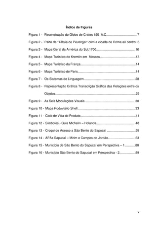 v
Índice de Figuras
Figura 1 - Reconstrução do Globo de Crates 150 A.C...................................7
Figura 2 - Parte da “Tábua de Peutinger” com a cidade de Roma ao centro..8
Figura 3 - Mapa Geral da América do Sul,1700............................................10
Figura 4 - Mapa Turístico do Kremlin em Moscou........................................13
Figura 5 - Mapa Turístico da França..............................................................14
Figura 6 - Mapa Turístico de Paris.................................................................14
Figura 7 - Os Sistemas de Linguagem..........................................................28
Figura 8 - Representação Gráfica Transcrição Gráfica das Relações entre os
Objetos..........................................................................................29
Figura 9 - As Seis Modulações Visuais ........................................................30
Figura 10 - Mapa Rodoviário Shell.................................................................33
Figura 11 - Ciclo de Vida do Produto..............................................................41
Figura 12 - Símbolos - Guia Michelin – Holanda............................................48
Figura 13 - Croqui de Acesso a São Bento do Sapucaí ................................59
Figura 14 - APAs Sapucaí – Mirim e Campos do Jordão...............................63
Figura 15 - Município de São Bento do Sapucaí em Perspectiva – 1............88
Figura 16 - Município São Bento do Sapucaí em Perspectiva - 2..................89
 