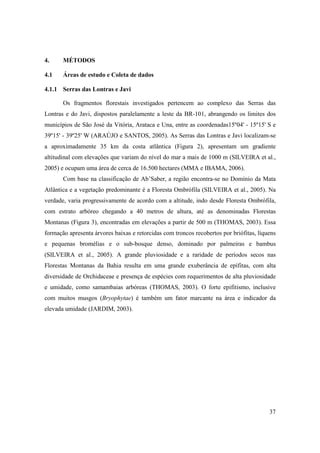 4.     MÉTODOS

4.1    Áreas de estudo e Coleta de dados

4.1.1 Serras das Lontras e Javi

       Os fragmentos florestais investigados pertencem ao complexo das Serras das
Lontras e do Javi, dispostos paralelamente a leste da BR-101, abrangendo os limites dos
municípios de São José da Vitória, Arataca e Una, entre as coordenadas15º04' - 15º15' S e
39º15' - 39º25' W (ARAÚJO e SANTOS, 2005). As Serras das Lontras e Javi localizam-se
a aproximadamente 35 km da costa atlântica (Figura 2), apresentam um gradiente
altitudinal com elevações que variam do nível do mar a mais de 1000 m (SILVEIRA et al.,
2005) e ocupam uma área de cerca de 16.500 hectares (MMA e IBAMA, 2006).
       Com base na classificação de Ab’Saber, a região encontra-se no Domínio da Mata
Atlântica e a vegetação predominante é a Floresta Ombrófila (SILVEIRA et al., 2005). Na
verdade, varia progressivamente de acordo com a altitude, indo desde Floresta Ombrófila,
com estrato arbóreo chegando a 40 metros de altura, até as denominadas Florestas
Montanas (Figura 3), encontradas em elevações a partir de 500 m (THOMAS, 2003). Essa
formação apresenta árvores baixas e retorcidas com troncos recobertos por briófitas, líquens
e pequenas bromélias e o sub-bosque denso, dominado por palmeiras e bambus
(SILVEIRA et al., 2005). A grande pluviosidade e a raridade de períodos secos nas
Florestas Montanas da Bahia resulta em uma grande exuberância de epífitas, com alta
diversidade de Orchidaceae e presença de espécies com requerimentos de alta pluviosidade
e umidade, como samambaias arbóreas (THOMAS, 2003). O forte epifitismo, inclusive
com muitos musgos (Bryophytae) é também um fator marcante na área e indicador da
elevada umidade (JARDIM, 2003).




                                                                                         37
 