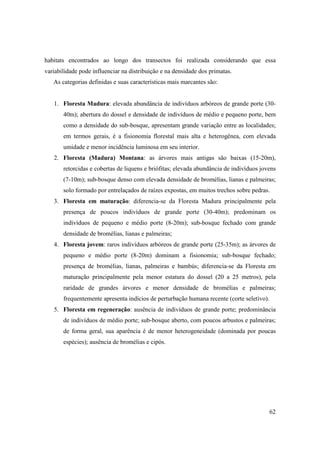 habitats encontrados ao longo dos transectos foi realizada considerando que essa
variabilidade pode influenciar na distribuição e na densidade dos primatas.
   As categorias definidas e suas características mais marcantes são:


   1. Floresta Madura: elevada abundância de indivíduos arbóreos de grande porte (30-
       40m); abertura do dossel e densidade de indivíduos de médio e pequeno porte, bem
       como a densidade do sub-bosque, apresentam grande variação entre as localidades;
       em termos gerais, é a fisionomia florestal mais alta e heterogênea, com elevada
       umidade e menor incidência luminosa em seu interior.
   2. Floresta (Madura) Montana: as árvores mais antigas são baixas (15-20m),
       retorcidas e cobertas de liquens e briófitas; elevada abundância de indivíduos jovens
       (7-10m); sub-bosque denso com elevada densidade de bromélias, lianas e palmeiras;
       solo formado por entrelaçados de raízes expostas, em muitos trechos sobre pedras.
   3. Floresta em maturação: diferencia-se da Floresta Madura principalmente pela
       presença de poucos indivíduos de grande porte (30-40m); predominam os
       indivíduos de pequeno e médio porte (8-20m); sub-bosque fechado com grande
       densidade de bromélias, lianas e palmeiras;
   4. Floresta jovem: raros indivíduos arbóreos de grande porte (25-35m); as árvores de
       pequeno e médio porte (8-20m) dominam a fisionomia; sub-bosque fechado;
       presença de bromélias, lianas, palmeiras e bambús; diferencia-se da Floresta em
       maturação principalmente pela menor estatura do dossel (20 a 25 metros), pela
       raridade de grandes árvores e menor densidade de bromélias e palmeiras;
       frequentemente apresenta indícios de perturbação humana recente (corte seletivo).
   5. Floresta em regeneração: ausência de indivíduos de grande porte; predominância
       de indivíduos de médio porte; sub-bosque aberto, com poucos arbustos e palmeiras;
       de forma geral, sua aparência é de menor heterogeneidade (dominada por poucas
       espécies); ausência de bromélias e cipós.




                                                                                           62
 