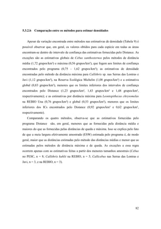 5.3.2.b Comparação entre os métodos para estimar densidades


   Apesar da variação encontrada entre métodos nas estimativas de densidade (Tabela 9) é
possível observar que, em geral, os valores obtidos para cada espécie em todas as áreas
encontram-se dentro do intervalo de confiança das estimativas fornecidas pelo Distance. As
exceções são as estimativas globais de Cebus xanthosternos pelos métodos de distância
média (1,72 grupos/km²) e máxima (0,56 grupos/km²), que fogem aos limites de confiança
encontrados pelo programa (0,75 – 1,62 grupos/km²); as estimativas de densidade
encontradas pelo método da distância máxima para Callithrix sp. nas Serras das Lontras e
Javi (1,12 grupos/km²), na Reserva Ecológica Michelin (1,08 grupos/km²) e a estimativa
global (0,83 grupos/km²), menores que os limites inferiores dos intervalos de confiança
encontrados pelo Distance (1,23 grupos/km², 1,43 grupos/km² e 1,48 grupos/km²,
respectivamente); e as estimativas por distância máxima para Leontopithecus chrysomelas
na REBIO Una (0,76 grupos/km²) e global (0,53 grupos/km²), menores que os limites
inferiores dos ICs encontrados pelo Distance (0,92 grupos/km² e 0,62 grupos/km²,
respectivamente).
   Comparando os quatro métodos, observa-se que as estimativas fornecidas pelo
programa Distance     são, em geral, menores que as fornecidas pela distância média e
maiores do que as fornecidas pelas distâncias de queda e máxima. Isso se explica pelo fato
de que a meia largura efetivamente amostrada (ESW) estimada pelo programa é, de modo
geral, maior que as distâncias estimadas pelo método das distâncias médias e menor que as
estimadas pelos métodos de distância máxima e de queda. As exceções a essa regra
ocorrem apenas com as estimativas feitas a partir dos menores tamanhos amostrais (Cebus
no PESC, n = 8; Callithrix kuhlii na REBIO, n = 5; Callicebus nas Serras das Lontras e
Javi, n = 3, e na REBIO, n = 3).




                                                                                       82
 