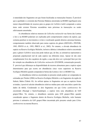 à maturidade dos fragmentos em que foram localizadas as transecções lineares. É provável
que a qualidade e a extensão das Florestas Maduras amostradas na REBIO signifiquem uma
menor disponibilidade de recursos para os grupos de Callithrix kuhlii comparado a outras
áreas onde existem Florestas secundárias mais próximas às transecções ou sendo
efetivamente amostradas.
       As abundâncias relativas menores de Callicebus melanochir nas Serras das Lontras
e Javi e na REBIO poderiam ser explicadas pelo comportamento críptico da espécie, que
costuma paralisar os movimentos e evitar a vocalização quando detecta a presença humana,
comportamento também observado para outras espécies do gênero (DEFLER e PINTOR,
1985; PINTO et al., 1993; PRICE et al., 2002). No entanto, a elevada abundância da
espécie na Reserva Ecológica Michelin, inclusive idêntica à abundância relativa encontrada
para o gênero Callithrix nessa área pode indicar que, de fato, as estimativas representam a
proporção populacional real de cada espécie nas diferentes áreas. Apesar de não estar
completamente livre dos caçadores da região, a caça não deve ser o principal fator por trás
da variação nas abundâncias de Callicebus melanochir (FLESHER, comunicação pessoal).
É provável que diferenças na disponibilidade de recursos alimentares para a espécie sejam
determinantes para que ocorra em abundâncias cinco vezes superiores na Reserva
Ecológica Michelin quando comparada às Serras das Lontras e Javi e à REBIO Una.
        As abundâncias relativas encontradas no presente estudo podem ser comparadas às
estimadas por Flesher (2006) na Reserva Ecológica Michelin e em fragmentos da região de
Ituberá, Bahia (Tabela 10). Ao utilizar apenas os fragmentos em que as espécies foram
avistadas, é possível calcular abundâncias relativas médias para cada uma delas a partir dos
dados da tabela. Cosiderando os dois fragmentos em que Cebus xanthosternos foi
encontrado (Pacangê e Karin/Guadalupe), a espécie teria uma abundância de 0,60
grupos/10km. No entanto, a abundância aumenta para 0,98 grupos/10km quando
considerado apenas o fragmento dentro da Reserva Ecológica Michelin, valor bastante
próximo à estimativa de 0,85 grupos/10km encontrada pelo presente estudo para Cebus
xanthosternos na mesma Reserva.




                                                                                         87
 