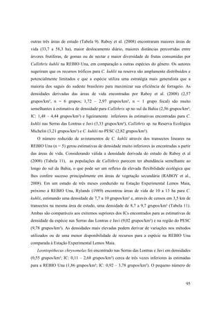 outras três áreas de estudo (Tabela 9). Raboy et al. (2008) encontraram maiores áreas de
vida (33,7 a 58,3 ha), maior deslocamento diário, maiores distâncias percorridas entre
árvores frutíferas, de gomas ou de nectar e maior diversidade de frutas consumidas por
Callithrix kuhlii na REBIO Una, em comparação a outras espécies do gênero. Os autores
sugeriram que os recursos tróficos para C. kuhlii na reserva são amplamente distribuidos e
potencialmente limitados e que a espécie utiliza uma estratégia mais generalista que a
maioria dos saguis do sudeste brasileiro para maximizar sua eficiência de forrageio. As
densidades derivadas das áreas de vida encontradas por Raboy et al. (2008) (2,57
grupos/km², n = 6 grupos; 1,72 – 2,97 grupos/km², n = 1 grupo focal) são muito
semelhantes à estimativa de densidade para Callithrix sp no sul da Bahia (2,56 grupos/km²;
IC: 1,48 – 4,44 grupos/km²) e ligeiramente inferiores às estimativas encontradas para C.
kuhlii nas Serras das Lontras e Javi (3,33 grupos/km²), Callithrix sp. na Reserva Ecológica
Michelin (3,21 grupos/km²) e C. kuhlii no PESC (2,82 grupos/km²).
   O número reduzido de avistamentos de C. kuhlii através dos transectos lineares na
REBIO Una (n = 5) gerou estimativas de densidade muito inferiores às encontradas a partir
das áreas de vida. Considerando válida a densidade derivada do estudo de Raboy et al
(2008) (Tabela 11), as populações de Callithrix parecem ter abundância semelhante ao
longo do sul da Bahia, o que pode ser um reflexo da elevada flexibilidade ecológica que
lhes confere sucesso principalmente em áreas de vegetação secundária (RABOY et al.,
2008). Em um estudo de três meses conduzido na Estação Experimental Lemos Maia,
próximo à REBIO Una, Rylands (1989) encontrou áreas de vida de 10 a 13 ha para C.
kuhlii, estimando uma densidade de 7,7 a 10 grupos/km² e, através de censos em 3,5 km de
transectos na mesma área de estudo, uma densidade de 8,7 a 9,7 grupos/km² (Tabela 11).
Ambas são comparáveis aos extremos supriores dos ICs encontrados para as estimativas de
densidade da espécie nas Serras das Lontras e Javi (9,02 grupos/km²) e na região do PESC
(9,78 grupos/km²). As densidades mais elevadas podem derivar de variações nos métodos
utilizados ou de uma menor disponibilidade de recursos para a espécie na REBIO Una
comparada à Estação Experimental Lemos Maia.
   Leontopithecus chrysomelas foi encontrado nas Serras das Lontras e Javi em densidades
(0,55 grupos/km²; IC: 0,11 – 2,68 grupos/km²) cerca de três vezes inferiores às estimadas
para a REBIO Una (1,86 grupos/km²; IC: 0,92 – 3,78 grupos/km²). O pequeno número de



                                                                                        95
 