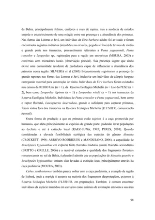 da Bahia, principalmente felinos, canídeos e aves de rapina, mas a ausência de estudos
impede o estabelecimento de uma relação entre sua presença e a abundância dos primatas.
Nas Serras das Lontras e Javi, um indivíduo de Eira barbara adulto foi avistado e foram
encontrados registros indiretos (arranhões nas árvores, pegadas e fezes) de felinos de médio
e grande porte nos transectos, provavelmente referentes a Puma yaguarondi, Puma
concolor e Leopardus sp., registrados para a região em entrevistas (MOURA, 2003) e
conversas com moradores locais (observação pessoal). Sua presença sugere que ainda
existe uma comunidade residente de predadores capaz de influenciar a abundância dos
primatas nessa região. SILVEIRA et al (2005) frequentemente registraram a presença de
grande raptores nas Serras das Lontras e Javi, inclusive um indivíduo de Harpia harpyia
carregando material para construção de ninho. Indivíduos de Eira barbara foram avistados
nos censos da REBIO Una (n = 1), da Reserva Ecológica Michelin (n = 6) e do PESC (n =
2), bem como Leopardus tigrinus (n = 1) e Leopardus wiedii (n = 1) nos transectos da
Reserva Ecológica Michelin. Indivíduos de Puma concolor e Puma yaguarondi, bem como
o raptor florestal, Leucopternis lacernulata, grande o suficiente para capturar primatas,
foram vistos fora dos transectos na Reserva Ecológica Michelin (FLESHER, comunicação
pessoal).
   Outra forma de predação a que os primatas estão sujeitos é a caça promovida por
humanos, que afeta principalmente as espécies de grande porte, podendo levar populações
ao declínio e até à extinção local (RAEZ-LUNA, 1995; PERES, 2001). Quando
consideradas a elevada flexibilidade ecológica das espécies do gênero Alouatta
(CROCKETT, 1998; ARROYO-RODRIGUES e MANDUJANO, 2006), a capacidade de
Brachyteles hypoxanthus em explorar tanto florestas maduras quanto florestas secundárias
(BRITTO e GRELLE, 2006) e a razoável extensão e qualidade dos fragmentos florestais
remanescentes no sul da Bahia, é plausível admitir que as populações de Alouatta guariba e
Brachyteles hypoxanthus tenham sido levadas à extinção local principalmente através da
caça predatória (MOURA, 2003).
   Cebus xanthosternos também parece sofrer com a caça predatória, a exemplo da região
de Ituberá, onde a espécie é ausente na maioria dos fragmentos desprotegidos, externos à
Reserva Ecológica Michelin (FLESHER, em preparação). Também é comum encontrar
indivíduos da espécie mantidos em cativeiro como animais de estimação em toda a sua área



                                                                                         98
 