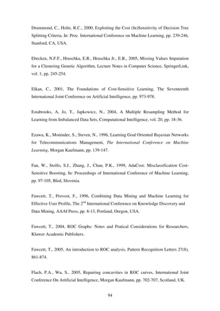94
Drummond, C., Holte, R.C., 2000, Exploiting the Cost (In)Sensitivity of Decision Tree
Splitting Criteria, In: Proc. International Conference on Machine Learning, pp. 239-246,
Stanford, CA, USA.
Ebecken, N.F.F., Hruschka, E.R., Hruschka Jr., E.R., 2005, Missing Values Imputation
for a Clustering Genetic Algorithm, Lecture Notes in Computer Science, SpringerLink,
vol. 1, pp. 245-254.
Elkan, C., 2001, The Foundations of Cost-Sensitive Learning, The Seventeenth
International Joint Conference on Artificial Intelligence, pp. 973-978.
Estabrooks, A, Jo, T., Japkowicz, N., 2004, A Multiple Resampling Method for
Learning from Imbalanced Data Sets, Computational Intelligence, vol. 20, pp. 18-36.
Ezawa, K., Moninder, S., Steven, N., 1996, Learning Goal Oriented Bayesian Networks
for Telecommunications Management, The International Conference on Machine
Learning, Morgan Kaufmann, pp. 139-147.
Fan, W., Stolfo, S.J., Zhang, J., Chan, P.K., 1999, AdaCost: Misclassification Cost-
Sensitive Boosting, In: Proceedings of International Conference of Machine Learning,
pp. 97-105, Bled, Slovenia.
Fawcett, T., Provost, F., 1996, Combining Data Mining and Machine Learning for
Effective User Profile, The 2nd
International Conference on Knowledge Discovery and
Data Mining, AAAI Press, pp. 8-13, Portland, Oregon, USA.
Fawcett, T., 2004, ROC Graphs: Notes and Pratical Considerations for Researchers,
Kluwer Academic Publishers.
Fawcett, T., 2005, An introduction to ROC analysis, Pattern Recognition Letters 27(8),
861-874.
Flach, P.A., Wu, S., 2005, Repairing concavities in ROC curves, International Joint
Conference On Artificial Intelligence, Morgan Kaufmann, pp. 702-707, Scotland, UK.
 