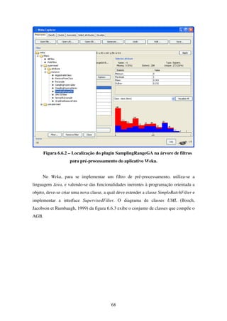 68
Figura 6.6.2 – Localização do plugin SamplingRangeGA na árvore de filtros
para pré-processamento do aplicativo Weka.
No Weka, para se implementar um filtro de pré-processamento, utiliza-se a
linguagem Java, e valendo-se das funcionalidades inerentes à programação orientada a
objeto, deve-se criar uma nova classe, a qual deve estender a classe SimpleBatchFilter e
implementar a interface SupervisedFilter. O diagrama de classes UML (Booch,
Jacobson et Rumbaugh, 1999) da figura 6.6.3 exibe o conjunto de classes que compõe o
AGB.
 