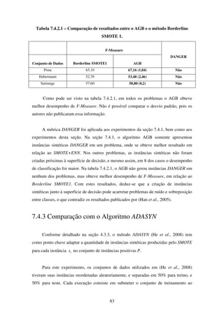 83
Tabela 7.4.2.1 – Comparação de resultados entre o AGB e o método Borderline
SMOTE 1.
F-Measure
Conjunto de Dados Borderline SMOTE1 AGB
DANGER
Pima 65,10 67,16 (1,04) Não
Habermann 52,70 53,48 (2,46) Não
Satimage 57,60 58,80 (0,2) Não
Como pode ser visto na tabela 7.4.2.1, em todos os problemas o AGB obteve
melhor desempenho de F-Measure. Não é possível comparar o desvio padrão, pois os
autores não publicaram essa informação.
A métrica DANGER foi aplicada aos experimentos da seção 7.4.1, bem como aos
experimentos desta seção. Na seção 7.4.1, o algoritmo AGB somente apresentou
instâncias sintéticas DANGER em um problema, onde se obteve melhor resultado em
relação ao SMOTE+ENN. Nos outros problemas, as instâncias sintéticas não foram
criadas próximas à superfície de decisão, e mesmo assim, em 8 dos casos o desempenho
de classificação foi maior. Na tabela 7.4.2.1, o AGB não gerou instâncias DANGER em
nenhum dos problemas, mas obteve melhor desempenho de F-Measure, em relação ao
Borderline SMOTE1. Com estes resultados, deduz-se que a criação de instâncias
sintéticas junto à superfície de decisão pode acarretar problemas de ruído e sobreposição
entre classes, o que contradiz os resultados publicados por (Han et al., 2005).
7.4.3 Comparação com o Algoritmo ADASYN
Conforme detalhado na seção 4.3.3, o método ADASYN (He et al., 2008) tem
como ponto chave adaptar a quantidade de instâncias sintéticas produzidas pelo SMOTE
para cada instância ix no conjunto de instâncias positivas P.
Para este experimento, os conjuntos de dados utilizados em (He et al., 2008)
tiveram suas instâncias reordenadas aleatoriamente, e separadas em 50% para treino, e
50% para teste. Cada execução consiste em submeter o conjunto de treinamento ao
 