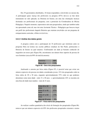 112
Dos 39 questionários distribuídos, 34 foram respondidos e devolvidos no mesmo dia.
A participação quase maciça dos professores na pesquisa (87%) deve-se ao fato deste
instrumento ter sido aplicado, na Diretoria de Ensino, em uma das orientações técnicas
destinadas aos profissionais do programa, com a permissão da Coordenadora da Oficina
Pedagógica. Naquele momento, representava não uma pesquisadora, ainda que também tenha
me apresentado como tal, mas sim uma Assistente Técnico - Pedagógica que buscava traçar
um perfil dos profissionais daquela Diretoria que estariam envolvidos em um programa de
enriquecimento curricular, o HORA DA LEITURA.
3.2.2.1 Análise dos dados gerais
A pesquisa contou com a participação de 34 professores que ministram aulas no
programa Hora da Leitura nas escolas públicas estaduais de São Paulo, pertencentes à
Diretoria de Ensino na qual atuamos. Confirmando um dado já bastante conhecido do
magistério em nosso país (Figura 06), encontramos um número bem superior de pessoas do
sexo feminino (cerca de 89% do total da amostra).
Feminino 89%
Masculino 11%
Figura 06 – Sexo dos pesquisados
Analisando a amostra por faixa etária (Figura 07), é possível notar que existe um
número expressivo de pessoas em idades consideradas jovens: 21% dos pesquisados estão na
faixa etária de 20 a 30 anos, enquanto aproximadamente 57% estão no que podemos
denominar como meia idade - entre 31 e 40 anos - e aproximadamente 22% se encontra em
uma faixa de idade mais madura – mais de 41 anos.
Entre 20 e 30
anos
21%
Entre 31 e 40
anos
57%
Entre 41 e 50
anos
17%
Mais de 50 anos 5%
Figura 07 – Faixa etária dos pesquisados
Ao realizar a análise quantitativa dos níveis de formação dos pesquisados (Figura 08),
notou-se que um número expressivo de 85% dos professores pesquisados cursaram o ensino
 