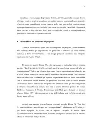 128
Atendendo a recomendação do programa HORA DA LEITURA, que tinha como um de seus
principais objetivos propiciar aos alunos um contato intenso e sistematizado com diferentes
gêneros textuais, especialmente no que concerne ao ler para apreciar/fruir e para conhecer,
alguns professores apontaram o trabalho com textos não-literários (Atualidade, Recortes de
jornal e revista, A importância da água), além de fotografias e músicas, demonstrando uma
preocupação com os vários objetivos de leitura.
3.2.2.3 Perfil leitor dos professores do programa
A fim de delinearmos o perfil leitor dos integrantes do programa, foram elaboradas
duas questões abertas que requisitavam aos professores a indicação de livro(s)/texto(s)
teórico(s) e livro ficcional/literário a um colega professor, resultando nas categorias
organizadas nas Figuras 19 e 20.
No primeiro quadro (Figura 19), estão agrupadas as indicações feitas à seguinte
questão: “Que livro(s)/texto(s) teórico(s) você sugeriria como leitura imprescindível a um
colega professor?” Nele, o que primeiro observamos é que o maior número de indicações não
se refere a livros e/ou textos, como a questão requisitava, mas sim a autores. Parece-nos que,
apesar de conhecerem os teóricos que sugerem, os professores não têm muita familiaridade
com as obras desses autores. Somente três professores indicaram a obra e o autor. Também
chamou-nos a atenção o fato de que dois professores apontaram textos que não correspondem
à categoria livro(s)/texto(s) teóricos, mas sim a gêneros literários: poemas de Manuel
Bandeira e Literatura de Cordel, demonstrando dificuldade para distinguir os diversos
gêneros. Muitos (30%) não responderam, o que pode indiciar uma vivência precária com
livros e textos teóricos.
A partir das respostas dos professores à segunda questão (Figura 20) “Que livro
ficcional/literário você sugeriria para um colega professor?”, relacionamos as 23 indicações
que foram agrupadas de acordo com as seguintes categorias de análise: livros
ficcionais/literários de autores brasileiros, de autores estrangeiros, sem indicação de autores e
citação de autores sem menção da obra.
 