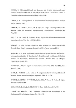 100
GOMES, E. B.Biodegradabilidade de Querosene de Aviação Movimentado pelo
Terminal Portuário de SUAPE-PE. Dissertação de Mestrado. Universidade Federal de
Pernambuco. Departamento de Antibióticos. Recife, 2004.
GRADY, C. P. L. Biodegradation: its measurement and microbiological basis. Biotech.
Bioeng.,660-674,1985.
HANSON,K.G.,DESAI,D.,DESAI,A.J. A rapid and simple screening technique for
potential crude oil degrading microorganisms. Biotechnology Techniques,745-
748,1993.
KAO, C. M. e WANG, C. C. Control of BTEX migration by intrinsic bioremediation at
a gasoline spill site. Wat. Res. 3413-3423, 2000.
KARDEC, A. ANP discutirá adição de mais biodiesel ao diesel convencional.
Disponível em: <http:// tnsustentavel.com.br/.../ANP>. Acesso em: mar.2011.
KATAOKA, A. P. A. G., Biodegradação do resíduo oleoso de refinaria de petróleo por
microrganismos isolados de “Landfarming”. Tese (Doutorado em Ciências Biológicas)
Instituto de Biociências, Universidade Estadual Paulista Júlio de Mesquita
Filho,UNESP, Brasil, 2001.
KENNISH,M.J.Pollution impacts on marine biotic communities. CRC Press LLC, Boca
Raton,FL.,1997.
KHAN, N., WARITH, M. A., LUK, G. A comparison of acute toxicity of biodiesel,
biodiesel blends, and diesel on aquatic organisms. J.A.W.M.A.,2004.
KNOTHE, G.,GERPEN, J. V,KRAHL, J.,RAMOS,L.P. Manual de Biodiesel. Edgard
Blucher. São Paulo,2006.
KOMATSU, T., HANAKI, K., MATSUO, T., Water Sci.Technol., 1189,1991.
LEAHY, J.G., COLWELL, R.R. Microbial Degradation of Hidrocarbons in the
Environment.Microbiological Reviews 305-315, 1990.
 