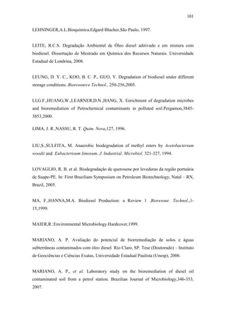 101
LEHNINGER,A.L.Bioquimica.Edgard Blucher,São Paulo, 1997.
LEITE, R.C.S. Degradação Ambiental de Óleo diesel aditivado e em mistura com
biodiesel. Dissertação de Mestrado em Química dos Recursos Naturais. Universidade
Estadual de Londrina, 2008.
LEUNG, D. Y. C., KOO, B. C. P., GUO, Y. Degradation of biodiesel under different
storage conditions. Bioresource Technol., 250-256,2005.
LI,G.F.,HUANG,W.,LEARNER,D.N.,HANG, X. Enrichment of degradation microbes
and bioremediation of Petrochemical contaminants in polluted soil.Pergamon,3845-
3853,2000.
LIMA, J. R ,NASSU, R. T. Quim. Nova,127, 1996.
LIU,S.,SULFITA, M. Anaerobic biodegradation of methyl esters by Acetobacterium
woodii and Eubacterioum limosum. J. Industrial. Microbiol. 321-327, 1994.
LOVAGLIO, R. B. et al. Biodegradação de querosene por leveduras da região portuária
de Suape-PE. In: First Braziliam Symposium on Petroleum Biotechnology, Natal – RN,
Brazil, 2005.
MA, F.,HANNA,M.A. Biodiesel Production: a Review 1 .Bioresour. Technol.,1-
15,1999.
MAIER,R.:Environmental Microbiology.Hardcover,1999.
MARIANO, A. P. Avaliação do potencial de biorremediação de solos e águas
subterrâneas contaminados com óleo diesel. Rio Claro, SP. Tese (Doutorado) – Instituto
de Geociências e Ciências Exatas, Universidade Estadual Paulista (Unesp), 2006.
MARIANO, A. P., et al. Laboratory study on the bioremediation of diesel oil
contaminated soil from a petrol station. Brazilian Journal of Microbiology,346-353,
2007.
 