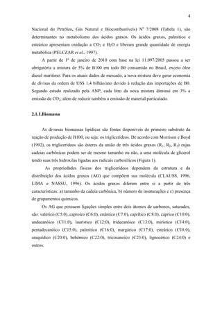 4
Nacional do Petróleo, Gás Natural e Biocombustíveis) No
7/2008 (Tabela 1), são
determinantes no metabolismo dos ácidos graxos. Os ácidos graxos, palmítico e
esteárico apresentam oxidação a CO2 e H2O e liberam grande quantidade de energia
metabólica (PELCZAR et al., 1997).
A partir de 1º de janeiro de 2010 com base na lei 11.097/2005 passou a ser
obrigatória a mistura de 5% de B100 em todo B0 consumido no Brasil, exceto óleo
diesel marítimo. Para os atuais dados de mercado, a nova mistura deve gerar economia
de divisas da ordem de US$ 1,4 bilhão/ano devido à redução das importações de B0.
Segundo estudo realizado pela ANP, cada litro da nova mistura diminui em 3% a
emissão de CO2, além de reduzir também a emissão de material particulado.
2.1.1.Biomassa
As diversas biomassas lipídicas são fontes disponíveis do primeiro substrato da
reação de produção de B100, ou seja: os triglicerídeos. De acordo com Morrison e Boyd
(1992), os triglicerídeos são ésteres da união de três ácidos graxos (R1, R2, R3) cujas
cadeias carbônicas podem ser de mesmo tamanho ou não, a uma molécula de glicerol
tendo suas três hidroxilas ligadas aos radicais carboxílicos (Figura 1).
As propriedades físicas dos triglicerídeos dependem da estrutura e da
distribuição dos ácidos graxos (AG) que compõem sua molécula (CLAUSS, 1996,
LIMA e NASSU, 1996). Os ácidos graxos diferem entre si a partir de três
características: a) tamanho da cadeia carbônica, b) número de insaturações e c) presença
de grupamentos químicos.
Os AG que possuem ligações simples entre dois átomos de carbonos, saturados,
são: valérico (C5:0), caproíco (C6:0), enântico (C7:0), caprílico (C8:0), capríco (C10:0),
undecanóico (C11:0), laurístico (C12:0), tridecanóico (C13:0), mirístico (C14:0),
pentadecanóico (C15:0), palmítico (C16:0), margárico (C17:0), esteárico (C18:0),
araquídico (C20:0), behêmico (C22:0), tricosanoíco (C23:0), lignocérico (C24:0) e
outros.
 