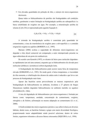 28
 Em elevadas quantidades de poluição de óleo, o número de micro-organismos
decrescem.
Quase todos os hidrocarbonetos do petróleo são biodegradados sob condições
aeróbias, geralmente a maior limitação na biodegradação aeróbia em subsuperfície é a
baixa solubilidade do oxigênio em água. Por exemplo, a mineralização aeróbia do
tolueno (C6H5-CH3) é representada pela seguinte Equação 6:
C6H5-CH3 + 9 O2 →7 CO2 + 4 H2O [6]
A extensão da biodegradação aeróbia é controlada pela quantidade de
contaminantes, a taxa de transferência de oxigênio para a sub-superfície e o conteúdo
original de oxigênio no aqüífero (BORDEN et al., 1995).
Mariano (2006) avaliou a capacidade de diferentes micro-organismos em
degradar o óleo diesel comercial em comparação a outro intemperizado presente na
água subterrânea de um posto de combustíveis.
De acordo com Kennish (1997), os alcanos de baixo peso molecular degradam-
se rapidamente (em até uma semana), enquanto que os hidrocarbonetos de elevado peso
molecular (alifáticos e aromáticos) sofrem degradação lenta.
A biodegradação dos hidrocarbonetos pode ocorrer numa faixa de temperatura
elevada (SORKHOH et al., 1993). De modo geral, à baixa temperatura, a viscosidade
do óleo aumenta, a volatilização dos alcanos de cadeia curta é reduzida o que leva a um
processo de biodegradação mais lento.
Apesar das bactérias serem provavelmente as maiores responsáveis pela
biodegradação de hidrocarbonetos no ambiente, leveduras e 27 gêneros de fungos
filamentosos também degradam hidrocarbonetos no ambiente marinho ou aquático
(FLOODGATE, 1984).
A taxa de degradação de hidrocarbonetos por micro-organismos é limitada por
fatores como: temperatura, umidade, concentração do contaminante, oxigênio,
nitrogênio e de fósforo, aclimatação ou mesmo adaptação ao contaminante (LI et al.,
2000).
A biodiversidade dos micro-organismos permite a sua sobrevivência em diversos
hábitats, dentre esses, as bactérias formam o grupo com maior diversidade fisiológica,
proporcionando maior adaptabilidade sendo possível selecionar, dentro de certos
limites, organismos tolerantes a diversos fatores estressantes (SIQUEIRA et al., 1994).
 