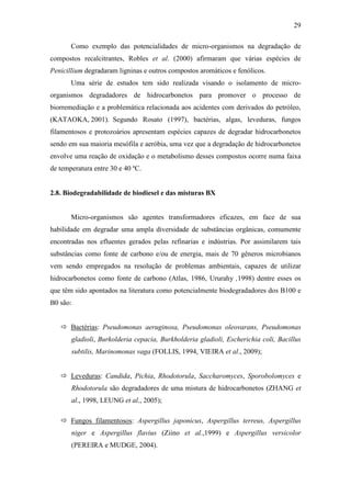 29
Como exemplo das potencialidades de micro-organismos na degradação de
compostos recalcitrantes, Robles et al. (2000) afirmaram que várias espécies de
Penicillium degradaram ligninas e outros compostos aromáticos e fenólicos.
Uma série de estudos tem sido realizada visando o isolamento de micro-
organismos degradadores de hidrocarbonetos para promover o processo de
biorremediação e a problemática relacionada aos acidentes com derivados do petróleo,
(KATAOKA, 2001). Segundo Rosato (1997), bactérias, algas, leveduras, fungos
filamentosos e protozoários apresentam espécies capazes de degradar hidrocarbonetos
sendo em sua maioria mesófila e aeróbia, uma vez que a degradação de hidrocarbonetos
envolve uma reação de oxidação e o metabolismo desses compostos ocorre numa faixa
de temperatura entre 30 e 40 ºC.
2.8. Biodegradabilidade de biodiesel e das misturas BX
Micro-organismos são agentes transformadores eficazes, em face de sua
habilidade em degradar uma ampla diversidade de substâncias orgânicas, comumente
encontradas nos efluentes gerados pelas refinarias e indústrias. Por assimilarem tais
substâncias como fonte de carbono e/ou de energia, mais de 70 gêneros microbianos
vem sendo empregados na resolução de problemas ambientais, capazes de utilizar
hidrocarbonetos como fonte de carbono (Atlas, 1986, Ururahy ,1998) dentre esses os
que têm sido apontados na literatura como potencialmente biodegradadores dos B100 e
B0 são:
 Bactérias: Pseudomonas aeruginosa, Pseudomonas oleovarans, Pseudomonas
gladioli, Burkolderia cepacia, Burkholderia gladioli, Escherichia coli, Bacillus
subtilis, Marinomonas vaga (FOLLIS, 1994, VIEIRA et al., 2009);
 Leveduras: Candida, Pichia, Rhodotorula, Saccharomyces, Sporobolomyces e
Rhodotorula são degradadores de uma mistura de hidrocarbonetos (ZHANG et
al., 1998, LEUNG et al., 2005);
 Fungos filamentosos: Aspergillus japonicus, Aspergillus terreus, Aspergillus
niger e Aspergillus flavius (Ziino et al.,1999) e Aspergillus versicolor
(PEREIRA e MUDGE, 2004).
 