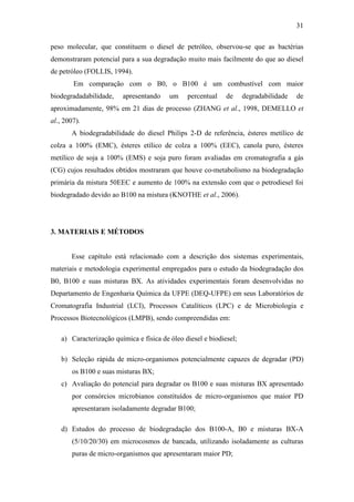 31
peso molecular, que constituem o diesel de petróleo, observou-se que as bactérias
demonstraram potencial para a sua degradação muito mais facilmente do que ao diesel
de petróleo (FOLLIS, 1994).
Em comparação com o B0, o B100 é um combustível com maior
biodegradadabilidade, apresentando um percentual de degradabilidade de
aproximadamente, 98% em 21 dias de processo (ZHANG et al., 1998, DEMELLO et
al., 2007).
A biodegradabilidade do diesel Philips 2-D de referência, ésteres metílico de
colza a 100% (EMC), ésteres etílico de colza a 100% (EEC), canola puro, ésteres
metílico de soja a 100% (EMS) e soja puro foram avaliadas em cromatografia a gás
(CG) cujos resultados obtidos mostraram que houve co-metabolismo na biodegradação
primária da mistura 50EEC e aumento de 100% na extensão com que o petrodiesel foi
biodegradado devido ao B100 na mistura (KNOTHE et al., 2006).
3. MATERIAIS E MÉTODOS
Esse capítulo está relacionado com a descrição dos sistemas experimentais,
materiais e metodologia experimental empregados para o estudo da biodegradação dos
B0, B100 e suas misturas BX. As atividades experimentais foram desenvolvidas no
Departamento de Engenharia Química da UFPE (DEQ-UFPE) em seus Laboratórios de
Cromatografia Industrial (LCI), Processos Catalíticos (LPC) e de Microbiologia e
Processos Biotecnológicos (LMPB), sendo compreendidas em:
a) Caracterização química e física de óleo diesel e biodiesel;
b) Seleção rápida de micro-organismos potencialmente capazes de degradar (PD)
os B100 e suas misturas BX;
c) Avaliação do potencial para degradar os B100 e suas misturas BX apresentado
por consórcios microbianos constituídos de micro-organismos que maior PD
apresentaram isoladamente degradar B100;
d) Estudos do processo de biodegradação dos B100-A, B0 e misturas BX-A
(5/10/20/30) em microcosmos de bancada, utilizando isoladamente as culturas
puras de micro-organismos que apresentaram maior PD;
 