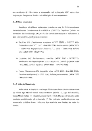 36
em recipientes de vidro âmbar e conservados sob refrigeração (5ºC) para evitar
degradações fotoquímica, térmica e microbiológica de seus componentes.
3.1.4 Micro-organismos
As culturas microbianas usadas nessa pesquisa, no total de 12, foram oriundas
das coleções dos Departamentos de Antibióticos (DAUFPE), Engenharia Química no
laboratório de Microbiologia (DEQUFPE) da Universidade Federal de Pernambuco e
pela Micoteca URM, sendo estas as seguintes:
a) Bactérias (05): Pseudomonas aeruginosa (ATCC 27853 - DAUFPE 416),
Escherichia coli (ATCC 25922 – DAUFPE 224), Bacillus subtilis (ATCC 0001
– DEQUFPE), Staphylococcus aureus (ATCC 0002 – DEQUFPE), Sarcina
lutea (ATCC 0003 – DEQUFPE);
b) Leveduras (04): Saccharomyces cerevisiae (ATCC 5107 – DEQUFPE),
Rhodotorula mucilaginosa (ATCC 5337– DEQUFPE, Candida sp (ATCC 1315
– DAUFPE), Candida lipolytica (ATCC 8661 – DAUFPE 1055);
c) Fungos Filamentosos (03): Aspergillus niger (ATCC 1015 – DAUFPE 2003),
Fusarium moniliforme (DAUFPE 2456), Talaromyces wortmanii, (ATCC 5052
– Micoteca URM).
3.1.5 Meios de Manutenção
As bactérias, as leveduras e os fungos filamentosos foram cultivados nos meios
de cultura Agar Mueller-Hinton, marca HIMEDIA (Tabela 13), Agar de Sabouraud,
marca Merck (Tabela 14) e Czapeck, marca Merck (Tabela 15), respectivamente, sendo
mantidas acondicionadas sob refrigeração (5º C) e repicadas a cada dois meses para
manutenção periódica dessas. Utilizou-se água destilada para dissolver os meios de
cultura.
 