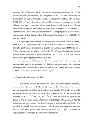 43
contendo 280 cm3
do meio MCM, 100 cm3
da suspensão microbiana e 20 cm3
do
combustível-teste (ensaio biótico) que correspondem a 70, 25 e 5% do volume total de
líquido (400 cm3
), respectivamente, e outros 6 microcosmos contendo 95% do meio
MCM (380 cm3
) e 5% de combustível-teste (20 cm3
), que correspondem ao controle
abiótico para este ensaio. Os microcosmos foram acondicionados em Câmara
incubadora com agitação orbital (Shaker), marca Marconi, modelo MA-420 (Figura 9),
sendo mantidos a 30º C com agitação constante a 120 rpm por período total de 35 dias.
A amostragem da fase líquida foi feita de forma estéril nos tempos 0, 7, 14, 21, 28 e 35
dias de processo.
A segunda parte dos ensaios de biodegradação envolveu os combustíveis (B0,
B100-A e B5-A) cujos experimentos em duplicata foram conduzidos em microcosmos,
formados por 6 frascos de Erlenmeyer de 2000 cm3
contendo meio MCM (700 cm3
),
250cm3
da suspensão microbiana (consórcio) e 50 cm3
do combustível-teste (ensaio
biótico) sendo submetidos à agitação constante de 120 rpm a 30°C em Câmara
incubadora (Figura 9) por período total de 35 dias.
O processo de biodegradação dos combustíveis dissolvidos no meio foi
acompanhado através da avaliação da dinâmica da concentração de biomassa
microbiana, pH e concentração de ésteres de ácido graxos e do teor de ésteres total para
o B100-A cujas metodologias estão descritas a seguir:
a) Concentração de biomassa microbiana
Cada amostra coletada de forma estéril (1cm3
) foi diluída em tubos de ensaio,
contendo água salina peptonada (Tabela 18), na proporção de 9 cm3
desta para cada 1
cm3
da suspensão microbiana perfazendo-se uma diluição 101
, sendo em seguida
realizadas diluições sucessivas em água salina peptonada até 108
. As amostras nas
diluições de 101
, 102
,103
, 104
, 105
, 106
, 107
e 108
foram inoculadas em duplicata em
placas de Petri nos meios Isolation Agar Difco n° 292710 para a P. aeruginosa, Agar de
Sabouraud para S. cerevisiae e Plate Count Agar para o consórcio (Tabelas 19, 14 e 20),
para fim de quantificação da concentração celular de cada micro-organismo expresso
em UFC.cm-3
. Essas placas foram mantidas em estufa a 30o
C por 72 h, sendo em
seguida realizada a contagem das células viáveis nas placas.
 