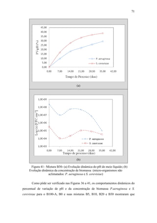 71
(a)
(b)
Figura 41– Mistura B30- (a) Evolução dinâmica do pH do meio líquido; (b)
Evolução dinâmica da concentração de biomassa (micro-organismos não
aclimatados: P. aeruginosa e S. cerevisiae)
Como pôde ser verificado nas Figuras 36 a 41, os comportamentos dinâmicos do
percentual de variação de pH e da concentração de biomassa P.aeruginosa e S.
cerevisiae para o B100-A, B0 e suas misturas B5, B10, B20 e B30 mostraram que
 