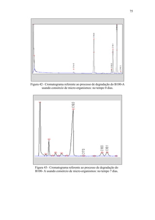 75
Figura 42– Cromatograma referente ao processo de degradação do B100-A
usando consórcio de micro-organismos: no tempo 0 dias.
Figura 43– Cromatograma referente ao processo de degradação do
B100- A usando consórcio de micro-organismos: no tempo 7 dias.
 