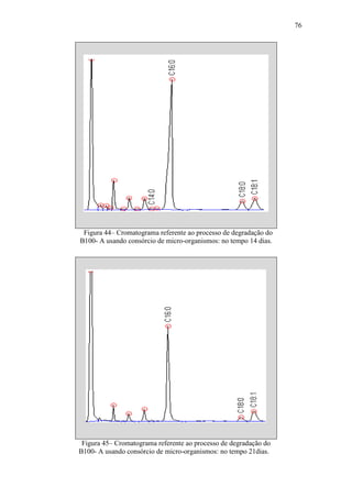 76
Figura 44– Cromatograma referente ao processo de degradação do
B100- A usando consórcio de micro-organismos: no tempo 14 dias.
Figura 45– Cromatograma referente ao processo de degradação do
B100- A usando consórcio de micro-organismos: no tempo 21dias.
 