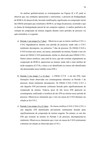78
Ao analisar qualitativamente os cromatogramas nas Figuras 42 a 47, pode se
observar que, nas condições operacionais e nutricionais, o processo de biodegradação
do B100-A foi desenvolvido, havendo modificações significantes na composição inicial
dos EMAG principais que constituem o B100-A, ao longo do processo, ocorrendo o que
se chama de biodegradação parcial de um composto orgânico. A análise qualitativa da
variação da composição da mistura reagente durante cinco períodos de processo via
ação enzimática, é a seguinte:
a) Período 1 (no tempo 0 a 7 dias) – Observou-se que os ésteres metílicos C18:1 e
C18:2 degradaram-se durante esse período do processo, tendo sido o C18:1
totalmente decomposto, nos primeiros 7 dias de processo. Os EMAG C16:0 e
C18:0 tiveram seus teores, em massa, aumentados na mistura, ficando o teor em
massa do EMAG C18:0 praticamente similar ao observado para EMAG C18:1.
Outros ésteres metílicos, num total de nove, que não existiam originalmente na
composição do B100-A, apareceram na mistura, tendo sido o éster metílico do
ácido margárico (C17:0), o único a ser identificado (os ésteres não identificados
são denominados nesse trabalho como ENI );
b) Período 2 (no tempo 7 a 14 dias) – o EMAG C17:0 e um dos ENI, cujas
formações foram observadas nos cromatogramas referentes ao Período 1 do
processo, foram totalmente decompostos. Os EMAG C16:0, C18:0, C18:1 e
sete daqueles ENI previamente continuam fazendo parte significantemente da
composição da mistura. Todavia, picos de três novos ENI aparecem no
cromatograma, totalizando a existência de dez ENI na mistura nesse período de
processo. Observou-se claramente que o teor em massa do C18:0 diminuiu em
relação ao do C18:1;
c) Período 3 (no tempo 14 a 21 dias) – Os ésteres metílicos C16:0, C18:0, C18:1 e
sete daqueles ENI identificados previamente continuaram fazendo parte
significantemente da composição da mistura reagente. No entanto, os sete dos
ENI que existiam na mistura no Período 2 do processo, decompuseram-se
totalmente. Observou-se claramente que o teor em massa do C18:0 continuaram
a diminuir em relação ao observado para o C18:1;
 