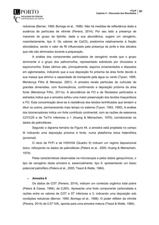 FCUP
Capítulo V – Discussão dos Resultados
91
redutoras (Berner, 1995; Borrego et al., 1998). Não há medidas de reflectância dada a
ausência de partículas de vitrinite (Pereira, 2014). Por seu lado a presença de
macerais do grupo da liptinite, dada a sua abundânica, sugere um cerogénio,
maioritariamente, tipo II. Os valores de CaCO3 predomina relativamente à fração
siliciclástica, sendo o valor de RI influenciado pela presença da pirite e dos silicatos
que não são eliminados durante a preparação.
A análise dos componentes particulados de cerogénio revela que o grupo
dominante é o grupo dos palinomorfos, representado sobretudo por dinocistos e
esporomorfos. Estes últimos são, principalmente, esporos ornamentados e dispostos
em aglomerados, indicando que a sua deposição foi próxima da área fonte devido à
sua massa que diminui a capacidade de transporte pela água ou vento (Tyson, 1995;
Mendonça Filho & Menezes, 2001). A amostra revela partículas de cutículas de
grandes dimensões, com fluorescência, confirmando a deposição próxima da área
fonte (Mendonça Filho, 2011a). A abundância de FO e de fitoclastos perfurados e
estriados indica que a amostra sofreu uma maior preservação dos tecidos traqueídicos
e FO. Esta concentração deve-se à resistência dos tecidos lenhificados que tendem a
diluir os outros, permanecendo mais tempo no sistema (Tyson, 1993, 1995). A análise
dos biomarcadores indica um forte contributo continental, com as razões de esteranos
C27/C29 e de Ts/Tm inferiores a 1 (Huang & Meinschein, 1979), corroborando os
dados de palinofácies.
Segundo o digrama ternário da Figura 44, a amostra está projetada no campo
III indicando uma deposição próxima à fonte, numa plataforma óxica heterolítica
(proximal).
O rácio de Pr/Fi e de H35/H34 (Quadro 9) indicam um regime deposicional
óxico, reforçando os dados de palinofácies (Peters et al., 2005; Huang & Meinschein,
1979).
Pelas características observadas na microscopia e pelos dados geoquímicos, o
tipo de cerogénio desta amostra é, essencialmente, tipo II, apresentando um baixo
potencial petrolífero (Peters et al., 2005; Tissot & Welte, 1984).
 Amostra 6
Os dados de COT (Pereira, 2014), indicam um conteúdo orgânico total pobre
(Peters & Cassa, 1994), de 0,26%. Apresenta uma forte componente carbonatada e
razões entre os valores de COT e ST inferiores a 3, indicando uma deposição sob
condições redutoras (Berner, 1995; Borrego et al., 1998). O poder refletor da vitrinite
(Pereira, 2014) de 0,57 %Rr, aponta para uma amostra matura (Tissot & Welte, 1984).
 