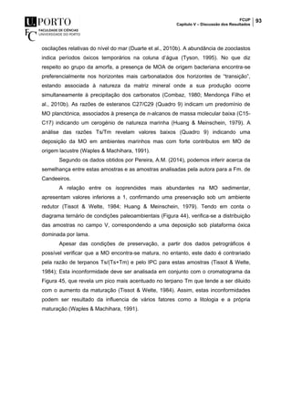 FCUP
Capítulo V – Discussão dos Resultados
93
oscilações relativas do nível do mar (Duarte et al., 2010b). A abundância de zooclastos
indica períodos óxicos temporários na coluna d’água (Tyson, 1995). No que diz
respeito ao grupo da amorfa, a presença de MOA de origem bacteriana encontra-se
preferencialmente nos horizontes mais carbonatados dos horizontes de “transição”,
estando associada à natureza da matriz mineral onde a sua produção ocorre
simultaneamente à precipitação dos carbonatos (Combaz, 1980; Mendonça Filho et
al., 2010b). As razões de esteranos C27/C29 (Quadro 9) indicam um predomínio de
MO planctónica, associados à presença de n-alcanos de massa molecular baixa (C15-
C17) indicando um cerogénio de natureza marinha (Huang & Meinschein, 1979). A
análise das razões Ts/Tm revelam valores baixos (Quadro 9) indicando uma
deposição da MO em ambientes marinhos mas com forte contributos em MO de
origem lacustre (Waples & Machihara, 1991).
Segundo os dados obtidos por Pereira, A.M. (2014), podemos inferir acerca da
semelhança entre estas amostras e as amostras analisadas pela autora para a Fm. de
Candeeiros.
A relação entre os isoprenóides mais abundantes na MO sedimentar,
apresentam valores inferiores a 1, confirmando uma preservação sob um ambiente
redutor (Tissot & Welte, 1984; Huang & Meinschein, 1979). Tendo em conta o
diagrama ternário de condições paleoambientais (Figura 44), verifica-se a distribuição
das amostras no campo V, correspondendo a uma deposição sob plataforma óxica
dominada por lama.
Apesar das condições de preservação, a partir dos dados petrográficos é
possível verificar que a MO encontra-se matura, no entanto, este dado é contrariado
pela razão de terpanos Ts/(Ts+Tm) e pelo IPC para estas amostras (Tissot & Welte,
1984); Esta inconformidade deve ser analisada em conjunto com o cromatograma da
Figura 45, que revela um pico mais acentuado no terpano Tm que tende a ser diluido
com o aumento da maturação (Tissot & Welte, 1984). Assim, estas inconformidades
podem ser resultado da influencia de vários fatores como a litologia e a própria
maturação (Waples & Machihara, 1991).
 