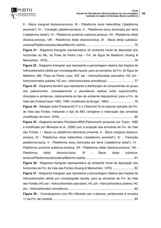 FCUP
Estudo de Palinofácies e Biomarcadores de uma sondagem
realizada na região de Alcobaça (Bacia Lusitânica)
XII
II - Bacia marginal disóxica-anóxica; III - Plataforma óxica heterolítica (“plataforma
proximal”); IV - Transição plataforma-bacia; V - Plataforma óxica dominada por lama
(“plataforma distal”); VI - Plataforma proximal subóxica-anóxica; VII - Plataforma distal
disóxica-anóxica; VIII - Plataforma distal disóxica-óxica; IX - Bacia distal subóxica-
anóxica/Plataformacarbonática/Marinho restrito.......................................................... 75
Figura 31 - Diagrama triangular representativo do ambiente inicial de deposição dos
horizontes do Mb. da Praia da Pedra Lisa - Fm. de Água de Madeiros (Huang &
Meinschein, 1979) .......................................................................................................76
Figura 32 - Diagrama triangular que representa a percentagem relativa das frações de
hidrocarbonetos obtida por cromatografia líquida, para as amostras da Fm. de Água de
Madeiros (Mb. Praia da Pedra Lisa). (HC sat - hidrocarbonetos saturados; HC pol -
hidrocarbonetos polares; HC aro - hidrocarbonetos aromáticos)................................. 77
Figura 33 - Diagrama ternário que representa a distribuição de componentes do grupo
dos palinomorfos, nomeadamente a abundância relativa entre esporomorfos,
dinocistos e acritarcas, relativamente ao tipo de ambiente deposicional, para a Fm. de
Vale das Fontes(Tyson 1993, 1995; modificado de Burger, 1980) .............................. 79
Figura 34 - Relação entre Pristano/nC17 e o Fitano/nC18 do betume extraído da Fm.
de Vale das Fontes, indicando o tipo de MO, cerogénio e maturação das amostras
(modificado de Hunt, 1979). ........................................................................................ 80
Figura 35 - Diagrama ternário Fitoclasto-MOA-Palinomorfo (proposto por Tyson, 1995
e modificado por Menezes et al., 2008) com a projeção das amostras da Fm. de Vale
das Fontes. I - Bacia ou plataforma altamente proximal; II - Bacia marginal disóxica-
anóxica; III - Plataforma óxica heterolítica (“plataforma proximal”); IV - Transição
plataforma-bacia; V - Plataforma óxica dominada por lama (“plataforma distal”); VI -
Plataforma proximal subóxica-anóxica; VII - Plataforma distal disóxica-anóxica; VIII -
Plataforma distal disóxica-óxica; IX - Bacia distal subóxica-
anóxica/Plataformacarbonática/Marinho restrito.......................................................... 81
Figura 36 - Diagrama triangular representativo do ambiente inicial de deposição dos
horizontes da Fm. de Vale das Fontes (Huang & Meinschein, 1979) .......................... 82
Figura 37 - Diagrama triangular que representa a percentagem relativa das frações de
hidrocarbonetos obtida por cromatografia líquida, para as amostras da Fm. de Vale
das Fontes (HC sat - hidrocarbonetos saturados; HC pol - hidrocarbonetos polares; HC
aro - hidrocarbonetos aromáticos)...............................................................................83
Figura 38 – Cromatograma (m/z 85) referente aos n-alcanos, pertencente à amostra
11 da Fm. de Lemede .................................................................................................85
 