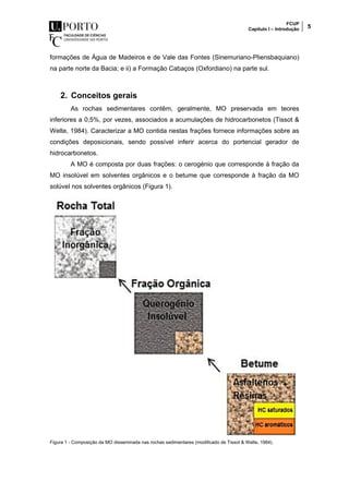 FCUP
Capítulo I – Introdução 5
formações de Água de Madeiros e de Vale das Fontes (Sinemuriano-Pliensbaquiano)
na parte norte da Bacia; e ii) a Formação Cabaços (Oxfordiano) na parte sul.
2. Conceitos gerais
As rochas sedimentares contêm, geralmente, MO preservada em teores
inferiores a 0,5%, por vezes, associados a acumulações de hidrocarbonetos (Tissot &
Welte, 1984). Caracterizar a MO contida nestas frações fornece informações sobre as
condições deposicionais, sendo possível inferir acerca do portencial gerador de
hidrocarbonetos.
A MO é composta por duas frações: o cerogénio que corresponde à fração da
MO insolúvel em solventes orgânicos e o betume que corresponde à fração da MO
solúvel nos solventes orgânicos (Figura 1).
Figura 1 - Composição da MO disseminada nas rochas sedimentares (modificado de Tissot & Welte, 1984).
 