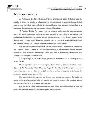 FCUP
Estudo de Palinofácies e Biomarcadores de uma sondagem
realizada na região de Alcobaça (Bacia Lusitânica)
IV
Agradecimentos
À Professora Doutora Deolinda Flores, orientadora deste trabalho que me
propôs o tema, me ajudou a ultrapassar os meus receios e não me deixou desistir
mesmo em períodos mais dificéis. A disponibilidade que sempre demonstrou e a
confiança depositada fez-me superar as minhas dificuldades.
À Doutora Paula Gonçalves que me prestou toda a ajuda que conseguiu,
tendo sido essencial para a elaboração deste trabalho. A tranquilidade, simpatia e forte
conhecimento científico permitiram evoluir eficazmente ao longo do ano. Quero ainda
agradecer à Doutora Joana Ribeiro por me ter dado a conhecer a petrografia orgânica
e por me ter oferecido todo o seu apoio em momentos mais dificéis.
Ao Laboratório de Palinofácies e Fácies Orgânicas da Universidade Federal do
Rio Janeiro, Brasil (LAFO) e ao seu responsável e coorientador deste trabalho
Professor João Graciano Mendonça Filho, por todo o contributo laboratorial, que
permitiu a realização deste trabalho.
À GalpEnergia e ao PortoEnergy por terem disponibilizado a sondagem alvo
deste estudo.
Quero agradecer aos meus amigos, Bruno Simão, Catarina Freitas, Joana
Couto, Sofia Azevedo, Filipa Oliveira, Tiago Costa, Gustavo Silva por todos os
momentos ao longo destes anos, pelo apoio, aventuras, alegrias e tristezas; há
amizades que se levam para a vida.
Um agradecimento especial ao Simão, meu amigo, namorado. Obrigada por
todas as horas dispensadas a ler e a apoiar-me nesta aventura. Não há nada que se
compare à força, amor e amizade que nos une.
Por último, à minha mãe lutadora que me trouxe até aqui sozinha e que me
ensinou a batalhar. Agradeço todos os dias a sua presença.
 