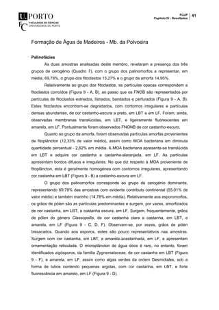 FCUP
Capítulo IV - Resultados
41
Formação de Água de Madeiros - Mb. da Polvoeira
Palinofácies
As duas amostras analisadas deste membro, revelaram a presença dos três
grupos de cerogénio (Quadro 7), com o grupo dos palinomorfos a representar, em
média, 69,78%, o grupo dos fitoclastos 15,27% e o grupo da amorfa 14,95%.
Relativamente ao grupo dos fitoclastos, as partículas opacas correspondem a
fitoclastos corroídos (Figura 9 - A, B), ao passo que os FNOB são representados por
partículas de fitoclastos estriados, listrados, bandados e perfurados (Figura 9 - A, B).
Estes fitoclastos encontram-se degradados, com contornos irregulares e partículas
densas abundantes, de cor castanho-escura a preto, em LBT e em LF. Foram, ainda,
observadas membranas translúcidas, em LBT, e ligeiramente fluorescentes em
amarelo, em LF. Pontualmente foram observados FNONB de cor castanho-escuro.
Quanto ao grupo da amorfa, foram observadas partículas amorfas provenientes
de fitoplâncton (12,33% de valor médio), assim como MOA bacteriana em diminuta
quantidade percentual - 2,62% em média. A MOA bacteriana apresenta-se translúcida
em LBT e adquire cor castanha a castanha-alaranjada, em LF. As partículas
apresentam bordos difusos e irregulares. No que diz respeito à MOA proveniente de
fitoplâncton, esta é geralmente homogénea com contornos irregulares, apresentando
cor castanha em LBT (Figura 9 - B) a castanho-escura em LF.
O grupo dos palinomorfos corresponde ao grupo de cerogénio dominante,
representando 69,78% das amostras com evidente contributo continental (55,01% de
valor médio) e também marinho (14,78% em média). Relativamente aos esporomorfos,
os grãos de pólen são as partículas predominantes e surgem, por vezes, amorfizados
de cor castanha, em LBT, e castanha escura, em LF. Surgem, frequentemente, grãos
de pólen do género Classopollis, de cor castanha clara a castanha, em LBT, e
amarela, em LF (Figura 9 - C, D, F). Observam-se, por vezes, grãos de pólen
bissacados. Quando aos esporos, estes são pouco representativos nas amostras.
Surgem com cor castanha, em LBT, e amarela-acastanhada, em LF, e apresentam
ornamentação reticulada. O microplâncton de água doce é raro, no entanto, foram
identificados zigósporos, da familia Zygnemataceae, de cor castanha em LBT (Figura
9 - F), e amarela, em LF, assim como algas verdes da ordem Desmidiales, sob a
forma de tubos contendo pequenas argolas, com cor castanha, em LBT, e forte
fluorescência em amarelo, em LF (Figura 9 - D).
 
