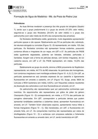 FCUP
Capítulo IV - Resultados
44
Formação de Água de Madeiros - Mb. da Praia da Pedra Lisa
Palinofácies
As duas lâminas revelaram a presença dos três grupos de cerogénio (Quadro
7), sendo que o grupo predominante é o grupo da amorfa (51,33% valor médio),
seguindo-se o grupo dos fitoclastos (24,33% de valor médio) e o grupo dos
palinomorfos (com valor médio de 24,34% dos componentes das amostras).
Os fitoclastos identificados estão, geralmente, muito degradados apresentando
partículas opacas e não opacas. Relativamente aos FO as partículas são, sobretudo,
de natureza alongada ou corroídas (Figura 10 - D) representando, em média, 10% das
partículas. Os fitoclastos corroídos não apresentam formas evidentes, possuindo
contornos difusos e irregulares de cor negra, em LBT e LF. As partículas de FNOB
estão igualmente degradadas, podendo ser listradas, estriadas, perfuradas e
bandadas. Surgem sob a forma de películas densas, com bordos irregulares, de cor
castanha escura, em LBT e LF. Os FNOB representam, em média, 14,23% das
partículas.
Relativamente ao grupo da amorfa, domina a MOA proveniente de fitoplâncton
representando, em média, 44,71% da MO observada. As partículas são homogéneas,
com contornos irregulares e sem morfologia evidente (Figura 10 - A, B, C). Em LBT, as
partículas apresentam-se sob camadas espessas de cor castanha e ligeiramente
fluorescentes em amarelo a castanho, em LF (Figura 10). Surge, ainda, MOA de
cutículas e MOA bacteriana (em média, 6,62%), com frequentes crateras resultantes
da dissolução dos carbonatos e com leve fluorescência em amarelo, em LF.
Os palinomorfos são representados quer por palinomorfos continentais quer
marinhos. Os esporomorfos são representados por grãos de pólen do género
Classopollis (Figura 10 - D) correspondendo, em média, a 17,71% das partículas de
cerogénio observadas. Em LBT, correspondem a partículas densas que podem
apresentar tonalidades castanhas a castanhas claras; apresentam fluorescência em
amarelo, em LF. Também foram observados esporos, apresentando marca trilete e
formas triangulares (Figura 10 - C). São translúcidos, em LBT, e fluorescentes em
amarelo forte, em LF. Os componentes marinhos são representados por cistos de
dinoflagelados (Figura 10 - D) e acritarcas com processos salientes e fortemente
fluorescentes em amarelo ou amarelo claro, em LF, sendo translúcidos em LBT.
 