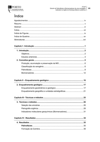 FCUP
Estudo de Palinofácies e Biomarcadores de uma sondagem
realizada na região de Alcobaça (Bacia Lusitânica)
VII
Índice
Agradecimentos ........................................................................................................... iv
Resumo......................................................................................................................... v
Abstract........................................................................................................................ vi
Índice............................................................................................................................vii
Índice de Figuras.......................................................................................................... ix
Índice de Quadros ....................................................................................................... xv
Abreviaturas ................................................................................................................xvi
Capítulo I - Introdução ................................................................................................1
1. Introdução...........................................................................................................2
Objetivos..........................................................................................................2
Estudos anteriores...........................................................................................3
2. Conceitos gerais ................................................................................................5
Produção, acumulação e preservação da MO.................................................6
Classificação do cerogénio..............................................................................6
Palinofácies .....................................................................................................8
Biomarcadores .............................................................................................. 12
Capítulo II – Enquadramento geológico ..................................................................16
2. Enquadramento geológico ..............................................................................17
Enquadramento geodinâmico e geológico.....................................................17
Enquadramento geográfico e unidades estratigráficas ..................................21
Capítulo III - Técnicas e métodos.............................................................................25
3. Técnicas e métodos......................................................................................... 26
Seleção das amostras ...................................................................................26
Petrografia orgânica ...................................................................................... 28
Indicadores moleculares geoquímicos (Biomarcadores)................................ 31
Capítulo IV - Resultados ........................................................................................... 34
4. Resultados........................................................................................................35
Palinofácies..................................................................................................35
Formação de Coimbra ...................................................................................39
 