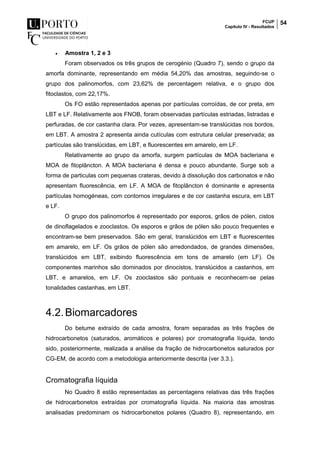 FCUP
Capítulo IV - Resultados
54
 Amostra 1, 2 e 3
Foram observados os três grupos de cerogénio (Quadro 7), sendo o grupo da
amorfa dominante, representando em média 54,20% das amostras, seguindo-se o
grupo dos palinomorfos, com 23,62% de percentagem relativa, e o grupo dos
fitoclastos, com 22,17%.
Os FO estão representados apenas por partículas corroídas, de cor preta, em
LBT e LF. Relativamente aos FNOB, foram observadas partículas estriadas, listradas e
perfuradas, de cor castanha clara. Por vezes, apresentam-se translúcidas nos bordos,
em LBT. A amostra 2 apresenta ainda cutículas com estrutura celular preservada; as
partículas são translúcidas, em LBT, e fluorescentes em amarelo, em LF.
Relativamente ao grupo da amorfa, surgem partículas de MOA bacteriana e
MOA de fitoplâncton. A MOA bacteriana é densa e pouco abundante. Surge sob a
forma de particulas com pequenas crateras, devido à dissolução dos carbonatos e não
apresentam fluorescência, em LF. A MOA de fitoplâncton é dominante e apresenta
partículas homogéneas, com contornos irregulares e de cor castanha escura, em LBT
e LF.
O grupo dos palinomorfos é representado por esporos, grãos de pólen, cistos
de dinoflagelados e zooclastos. Os esporos e grãos de pólen são pouco frequentes e
encontram-se bem preservados. São em geral, translúcidos em LBT e fluorescentes
em amarelo, em LF. Os grãos de pólen são arredondados, de grandes dimensões,
translúcidos em LBT, exibindo fluorescência em tons de amarelo (em LF). Os
componentes marinhos são dominados por dinocistos, translúcidos a castanhos, em
LBT, e amarelos, em LF. Os zooclastos são pontuais e reconhecem-se pelas
tonalidades castanhas, em LBT.
4.2.Biomarcadores
Do betume extraído de cada amostra, foram separadas as três frações de
hidrocarbonetos (saturados, aromáticos e polares) por cromatografia líquida, tendo
sido, posteriormente, realizada a análise da fração de hidrocarbonetos saturados por
CG-EM, de acordo com a metodologia anteriormente descrita (ver 3.3.).
Cromatografia líquida
No Quadro 8 estão representadas as percentagens relativas das três frações
de hidrocarbonetos extraídas por cromatografia líquida. Na maioria das amostras
analisadas predominam os hidrocarbonetos polares (Quadro 8), representando, em
 