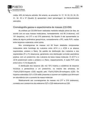 FCUP
Capítulo IV - Resultados
55
média, 48% do betume extraído. No entanto, as amostras 14, 17, 18, 22, 23, 24, 25,
31, 32, 35 e 37 (Quadro 8) apresentam maior percentagem de hidrocarbonetos
saturados.
Cromatografia gasosa e espectrometria de massas (CG-EM)
As análises por CG-EM foram realizadas mediante seleção prévia de iões, de
acordo com as suas massas moleculares, nomeadamente: m/z 85 (n-alcanos), m/z
191 (terpanos), m/z 217 e m/z 218 (esteranos). No Quadro 9 são apresentados os
dados de alguns parâmetros geoquímicos, nomeadamente o IPC, razão Pr/Fi, razões
entre terpanos e esteranos, entre outros.
Nos cromatogramas de massas m/z 85 foram detetados componentes
moleculares série homóloga de n-alcanos entre nC14 e o nC36 e os alcanos
isoprenóides, pristano e fitano. No padrão de distribuição dos n-alcanos e dos
isoprenóides (Pr e Fi) observa-se, geralmente uma distribuição unimodal assimétrica
positiva, com um predomínio, dos n-alcanos de baixa massa molecular. O nC17 e o
nC18 predominam sobre o pristano e o fitano, respectivamente. A razão Pr/Fi varia
entre 0,02 e 11,72 (Quadro 9).
A distribuição dos terpanos (ião m/z 191) mostrou a existência de terpanos
tricíclicos e pentaciclicos e um predomínio, na maioria das amostras, do
17α(H),21β(H)-hopano (C30) seguido pelo 17α(H),21β(H),30-norhopano (C29). Os
hopanos estendidos C31 a C35 estão presentes e ocorrem em dupletos que diminuem
em abundância com o aumento da massa molecular.
Relativamente aos cromatogramas de massas m/z 217 e 218 (esteranos),
constatou-se o predomínio dos esteranos C27 e C29 relativamente ao C28.
 