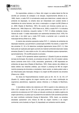 FCUP
Capítulo V – Discussão dos Resultados
63
Os isoprenóides, pristano e o fitano, têm origem na cadeia lateral de fitol da
clorofila por processo de oxidação e de redução, respectivamente (Brooks et al.,
1969). Assim, a razão Pr/Fi é normalmente usada para determinar o estado redox do
ambiente de deposição, no entanto deve ser interpretada com cuidado devido à
interferência de outros factores, tais como a maturação e a origem da MO (Peters et
al., 2005; Waples & Machihara, 1991). De acordo com diversos autores (por ex.,
Brooks et al., 1969; Didyk et al., 1978; Peters et al., 2005), a razão Pr/Fi <1 é indicativa
de condições de redutoras, enquanto razões 1> Pr/Fi <3 reflete condições óxicas.
Valores da razão > 3 estão relacionados com sedimentos terrestres (Hunt, 1979). Por
outro lado, é de referir que a razão Pr/Fi tende a aumentar com o aumento da
maturação térmica (Peter et al., 2005).
A maioria das amostras apresenta razões Pr/Fi <1, indicativa de ambientes de
deposição redutores, que permitiram a preservação da MOA. No entanto, a razão Pr/Fi
das amostras 31, 33 e 34 determina condições ligeiramente óxicas (Pr/Fi >1). Este
facto pode ser explicado pelo ligeiro aumento de material continental observado nestas
amostras (Quadro 7), mais notório na Am. 34, onde os fitoclastos opacos representam,
aproximadamente, 13% da MO presente na amostra.
A razão Ts/Tm apresenta valores superiores a 1 (Quadro 9) para as amostras
da base da formação. No entanto, as amostras do topo (Am. 30 e 31) revelam valores
baixos (variando entre 0,02 e 0,39), associados, geralmente, a MO depositada em
ambientes de água doce (Waples & Machihara, 1991). Estes valores não refletem os
dados obtidos nas restantes análises, que indicam a presença de MO de origem
marinha (presença de dinocistos e zooclastos). Assim sendo, os dados podem estar a
ser influenciados pela maturação, litologia e /ou origem da MO presente nas amostras
(Peters et al., 2005).
Os rácios de Hopanos/Esteranos revelam para as Am. 30, 31, 32, 35 e 37
(Quadro 9), matéria orgânica de origem marinha com uma maior contribuição de
organismos planctônicos, registando valores inferiores a 4 (Waples & Machihara,
1991).
A abundância relativa dos esteranos em C29 é superior à dos esteranos em
C28 e C27, excepto nas Am. 30 e 32 nas quais predomina o esterano em C27. O
predomínio de esteranos em C27 indica um elevado contributo de matéria orgânica de
origem planctónica, ao passo que no predomínio de esterano C29 caracteriza períodos
de maior contributo continental (Huang & Meinschein, 1979). Assim, as amostras
estudadas apresentam uma mistura de MO de origem marinha e de origem
continental, como ilustrado na Figura 19, depositada num ambiente marinho aberto.
 